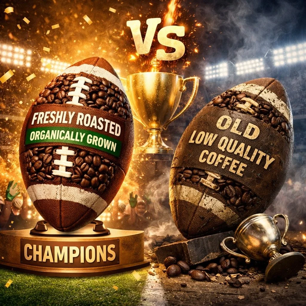 🏈☕ The Super Bowl of Coffee is ON.
Every day, you pick a side.
Old, low-quality coffee&hellip; or freshly roasted, organically grown, sustainably sourced fuel.

You start your day with one cup.
Make sure that cup is clean, filled with good ingredien
