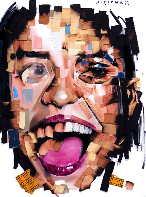 Mixed-media portrait painting of an open-mouthed face constructed from fragmented geometric shapes and patches in warm skin tones, blacks, blues, and bright pinks, with bold magenta lips and exposed brushwork.