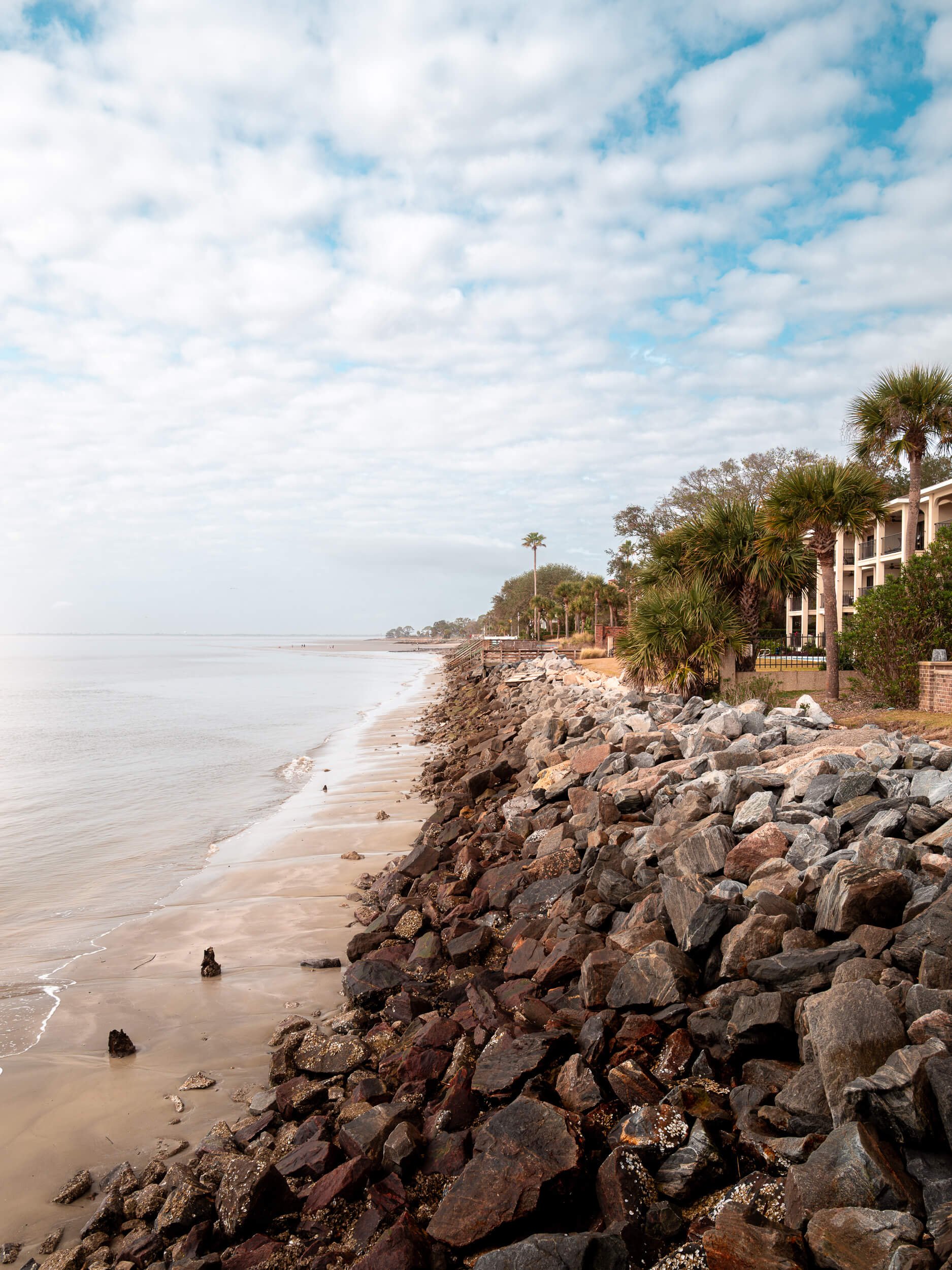 A quiet stretch of shoreline on St. Simons Island unfolds beneath a soft, cloud-filled sky, where gentle waves meet a rugged line of weathered rocks. Palm trees and coastal homes stand watch along the edge, creating a serene balance between nature an