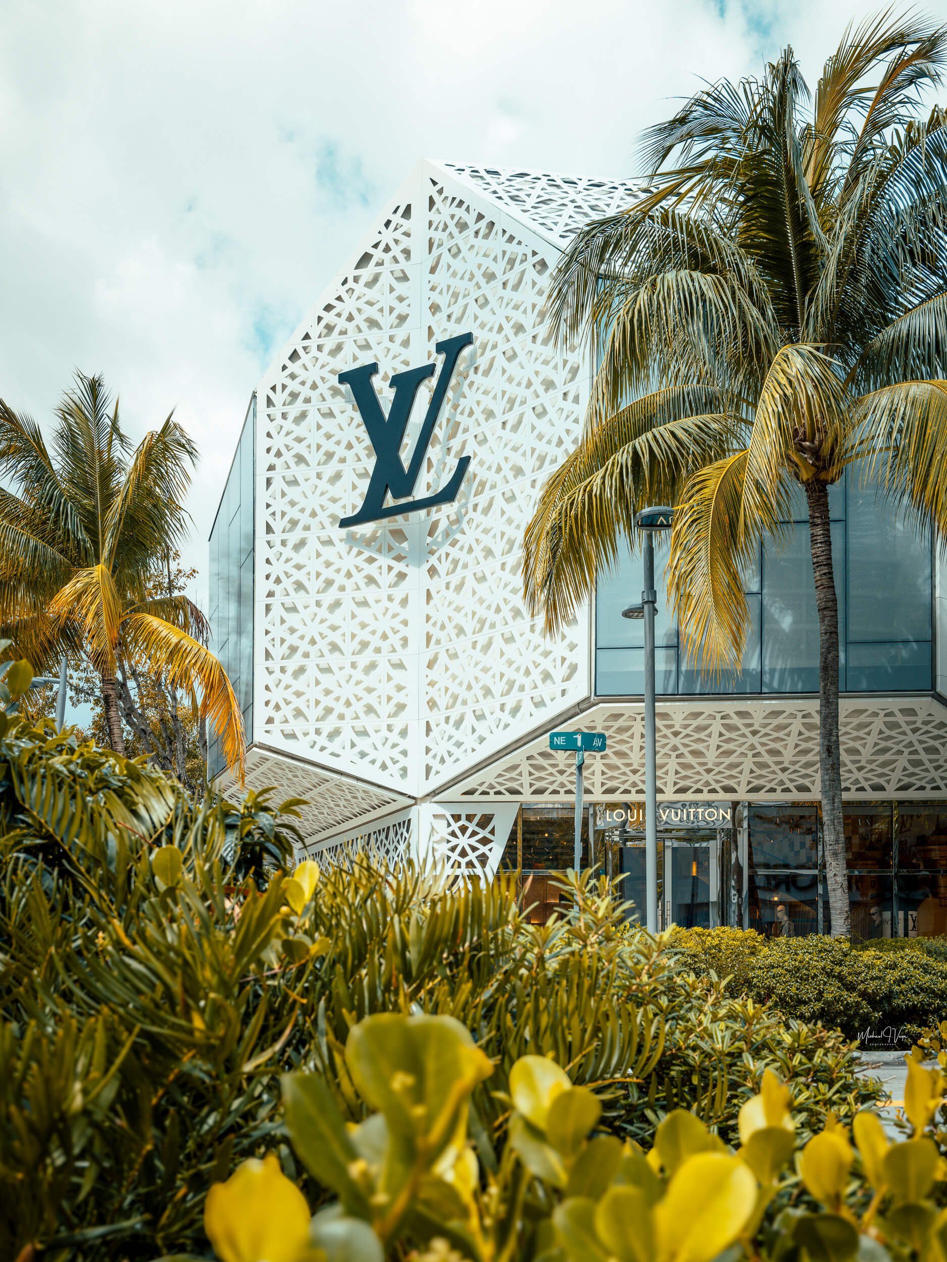 The striking geometric façade of the Louis Vuitton building rises amid lush tropical landscaping, its intricate white latticework glowing against the soft sky. Framed by palm trees and vibrant greenery, the scene captures the fusion of high fashion, 