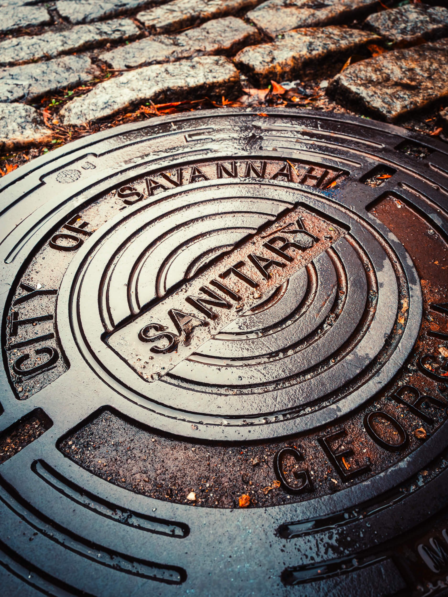 A rain-slicked manhole cover embossed with “City of Savannah” and “Sanitary” sits embedded among worn cobblestones, its metallic surface glistening with moisture. The close, low perspective highlights the texture of iron, stone, and scattered debris,