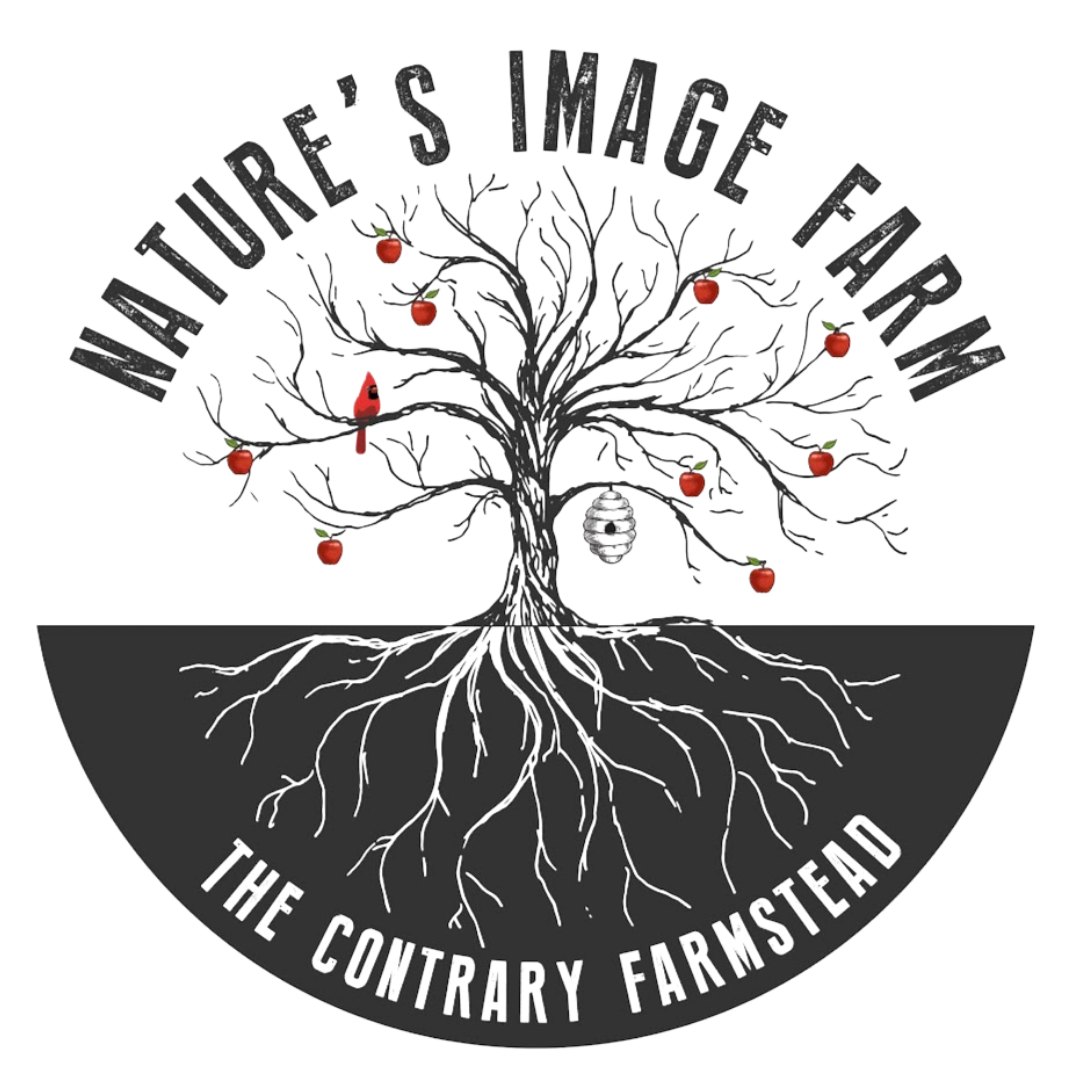 Logo for Nature's Image Farm, The Contrary Farmstead featuring a circular logo featuring a tree with bare branches and roots, with red apples on the branches and a beehive hanging from a branch.