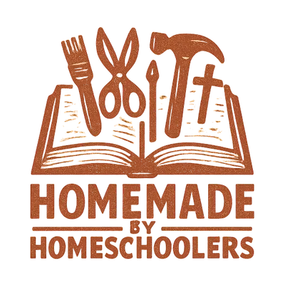 Open book with a paintbrush and fork above, with the words "Homemade for Homeschoolers" below.