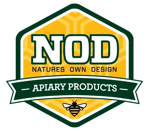 Logo with the text 'NOD' and 'Natures Own Design' above 'Apiary Products' featuring a bee icon.