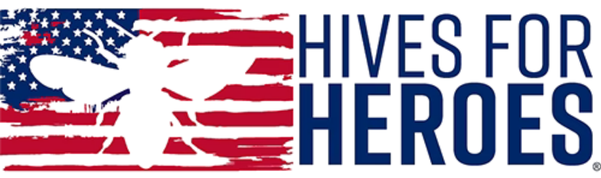 Logo for Hives for Heroes featuring a patriotic graphic with a silhouette of a honey bee, surrounded by a flag, and the text 'HIVES FOR HEROES' in large blue letters.