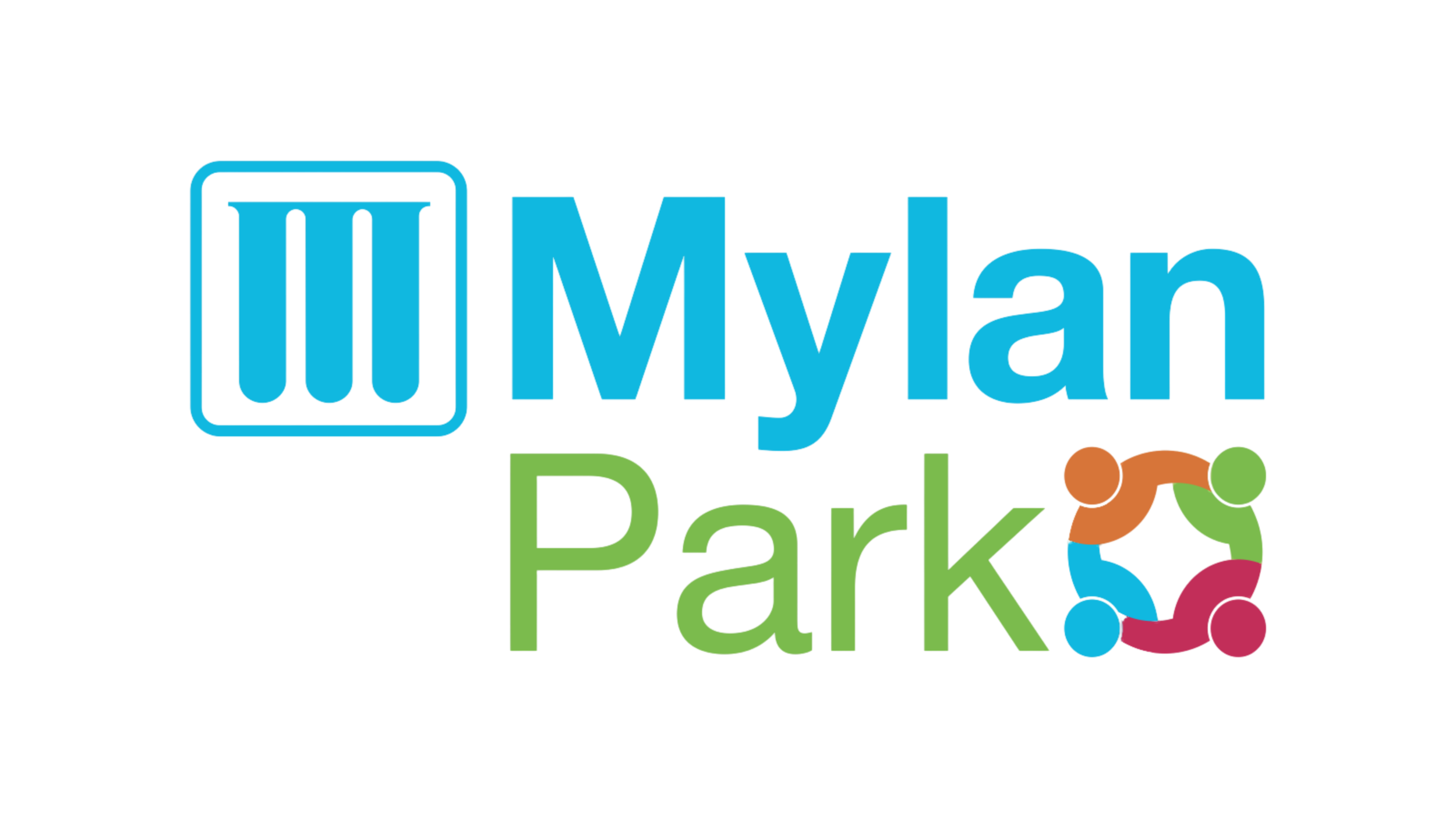 Logo for Mylan Park in blue and green text. The overall design appears to be related to community or social interaction.