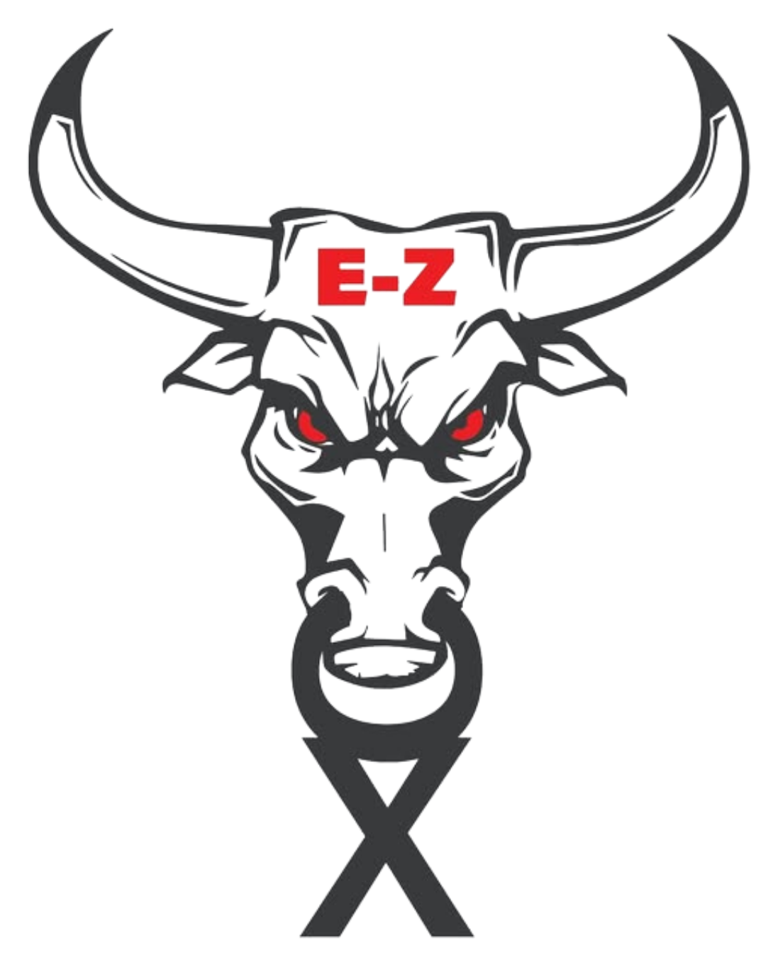 EX-OX Logo featuring a stylized tribal bull skull logo with red eyes, black and gray outline, and a blue accent on the nose. The text 'E-Z' in red is positioned above the skull, and OX is depicted in the nose ring