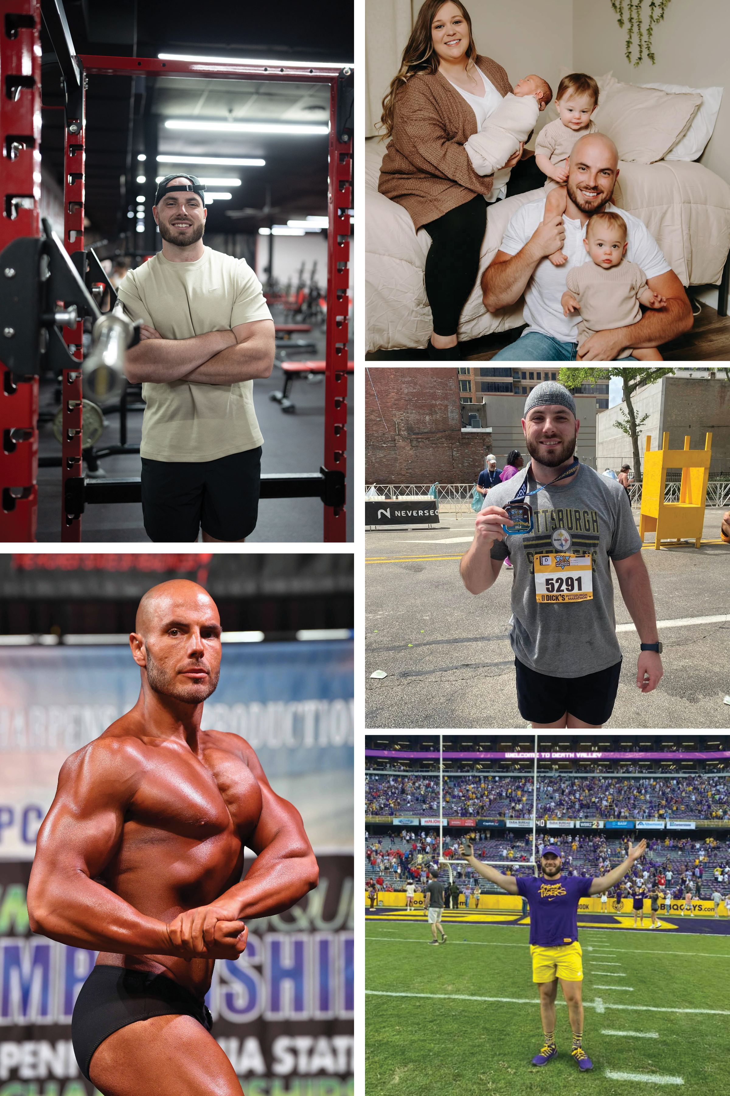 Rusty Miller fitness and family photo collage including gym training, racing, bodybuilding, and family life.