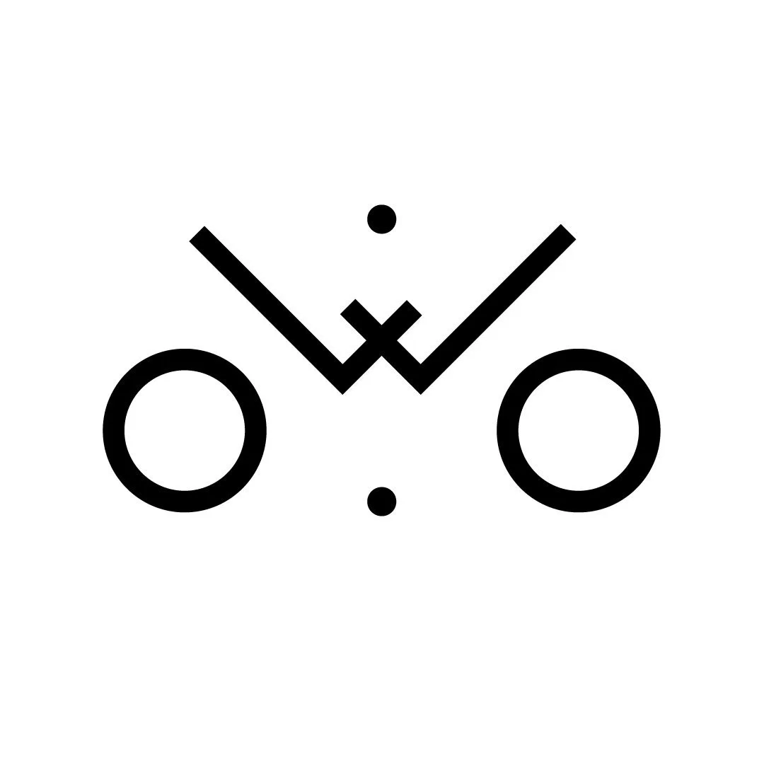 Logo minimaliste noir avec deux cercles, deux lignes diagonales et un point, formant un design abstrait.