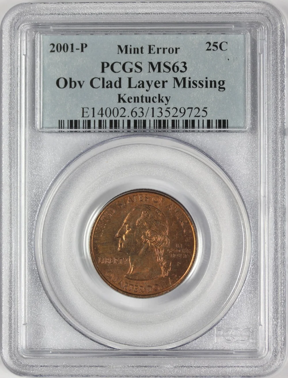 2001-P 25C Kentucky Missing Clad Layer, PCGS MS63 — Sam Sloat Coins