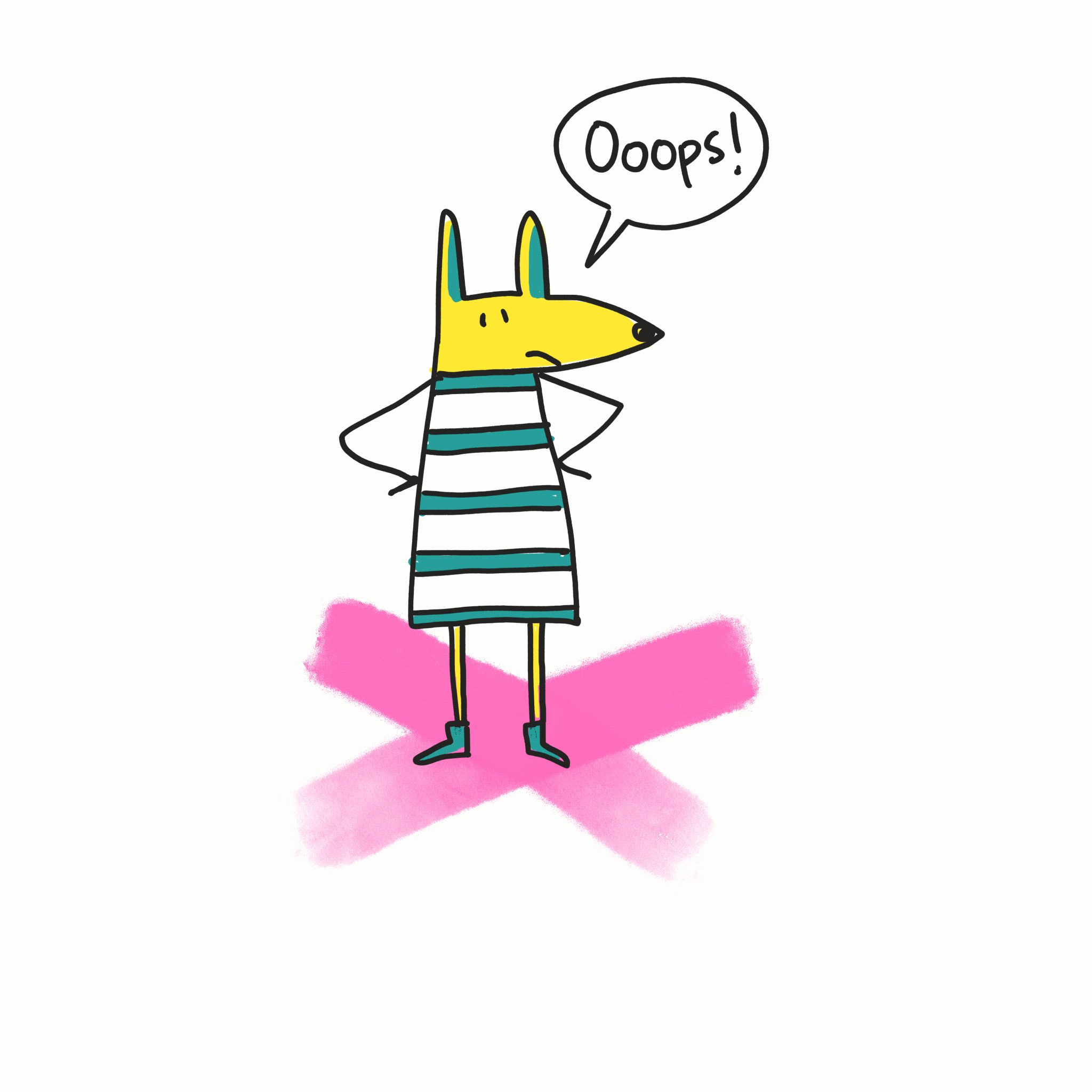 Ilustración de un perro con cuerpo de humano, de color amarillo, vestido con un vestido a rayas y botas, con una expresión de disculpa y mensaje "Ooops!" en un globo de diálogo, de pie sobre una cruz rosa.