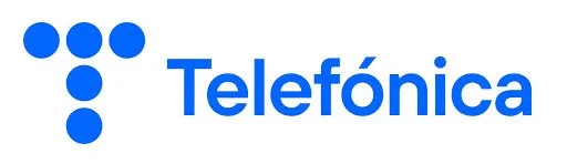 Logotipo de la compañía telefónica Teléfonica con un icono de puntos azules y el nombre en letras azules.