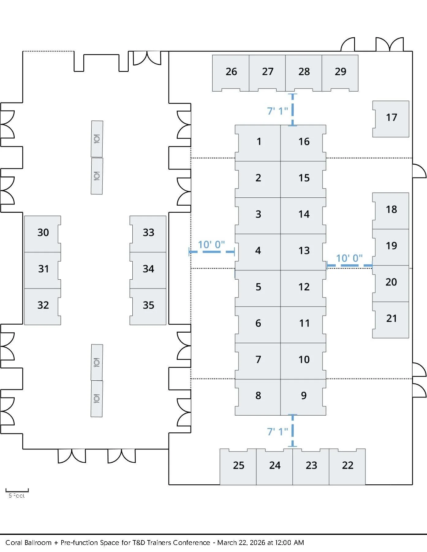 Floor plan for the Coral Ballroom and Pre-function Space for the 2026 Trainers Conference and Tradeshow, showing numbered tables and seating arrangements, with measurements for spacing between tables. Event scheduled for March 23rd - 26th, 2026