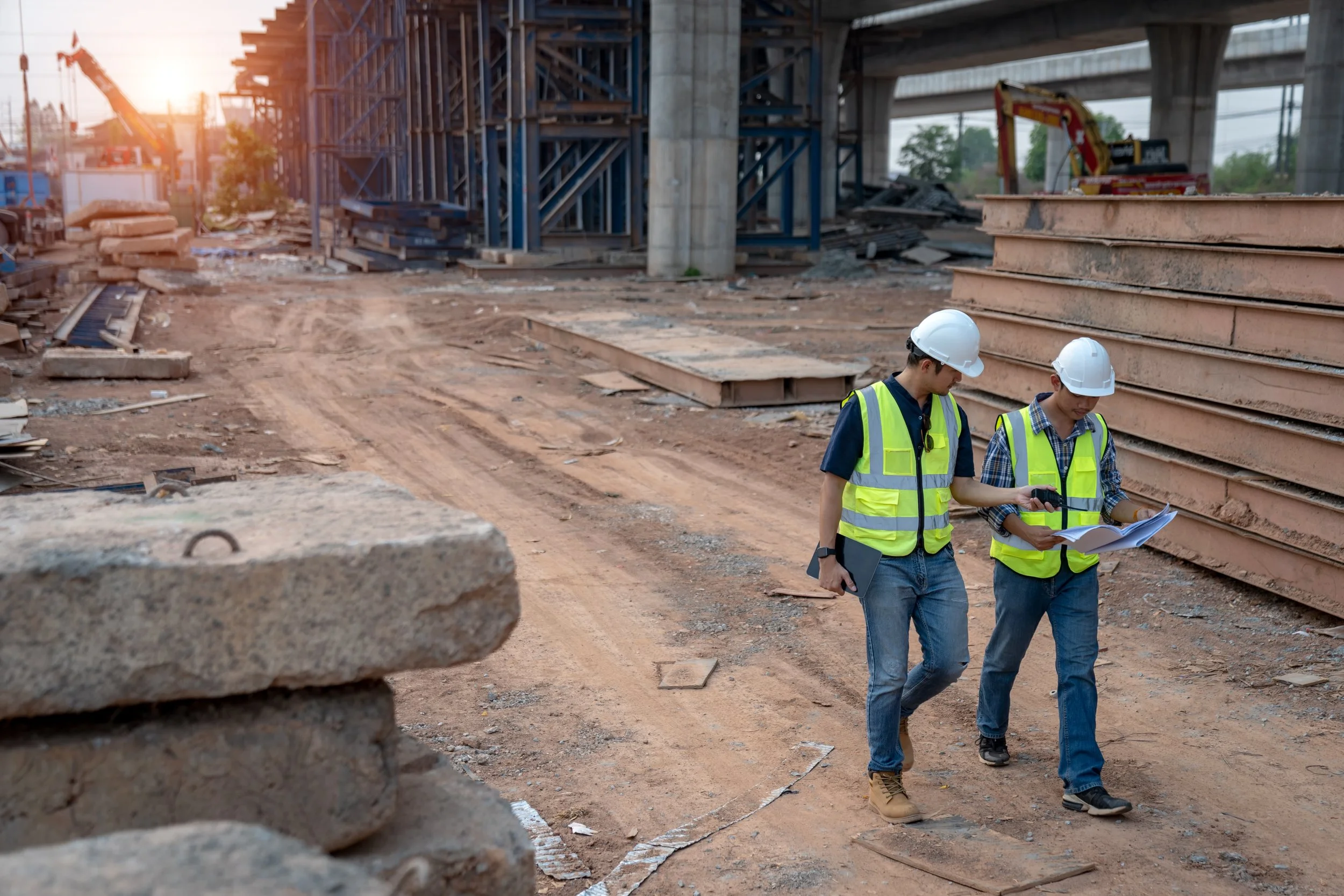 Two workmen walking through a construction site