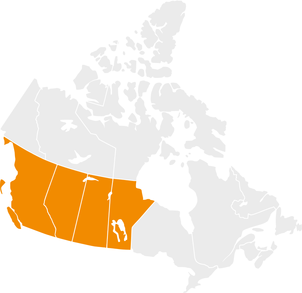 A simple flat art map of canada that is light grey with western and central provinces british columbia, alberta, saskatchewan and manitoba emphasised in elan orange