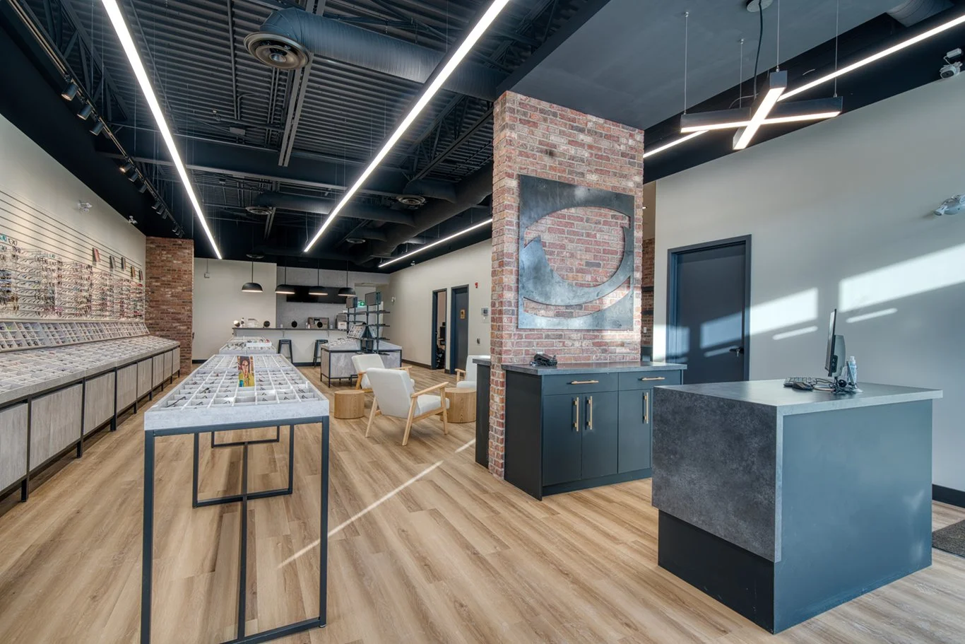 the interior store of an eyeglass shop with no people