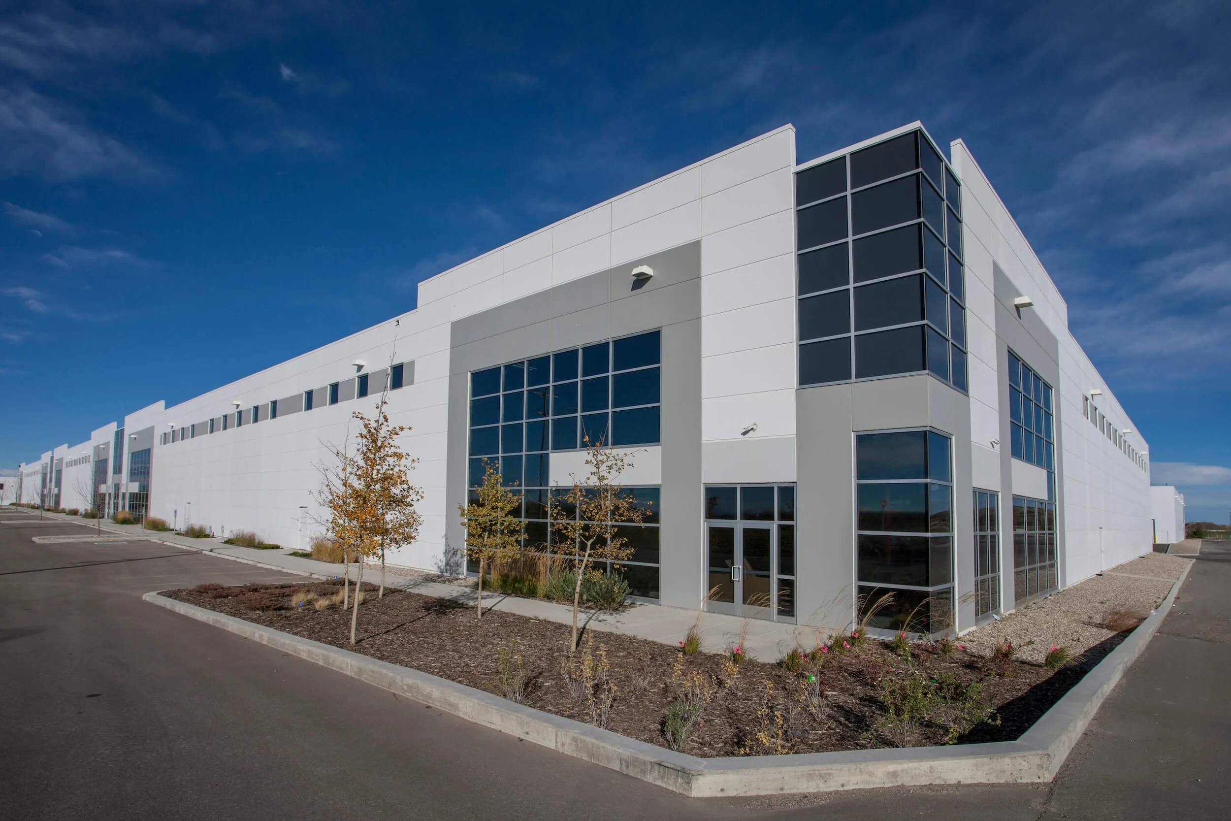 A corner view of the oxford airport business park warehouse building