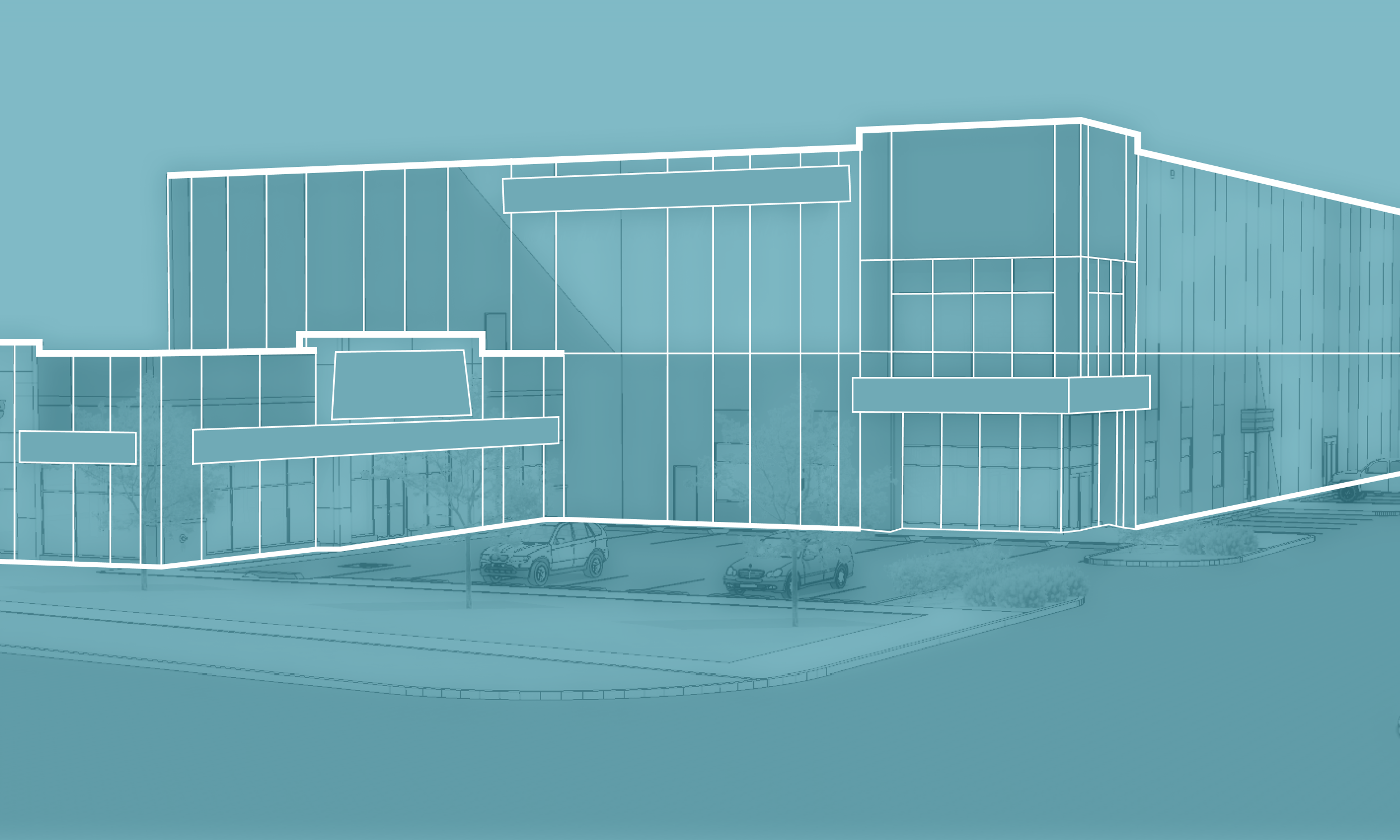 A loose rendering of a building in once colour process and white lines