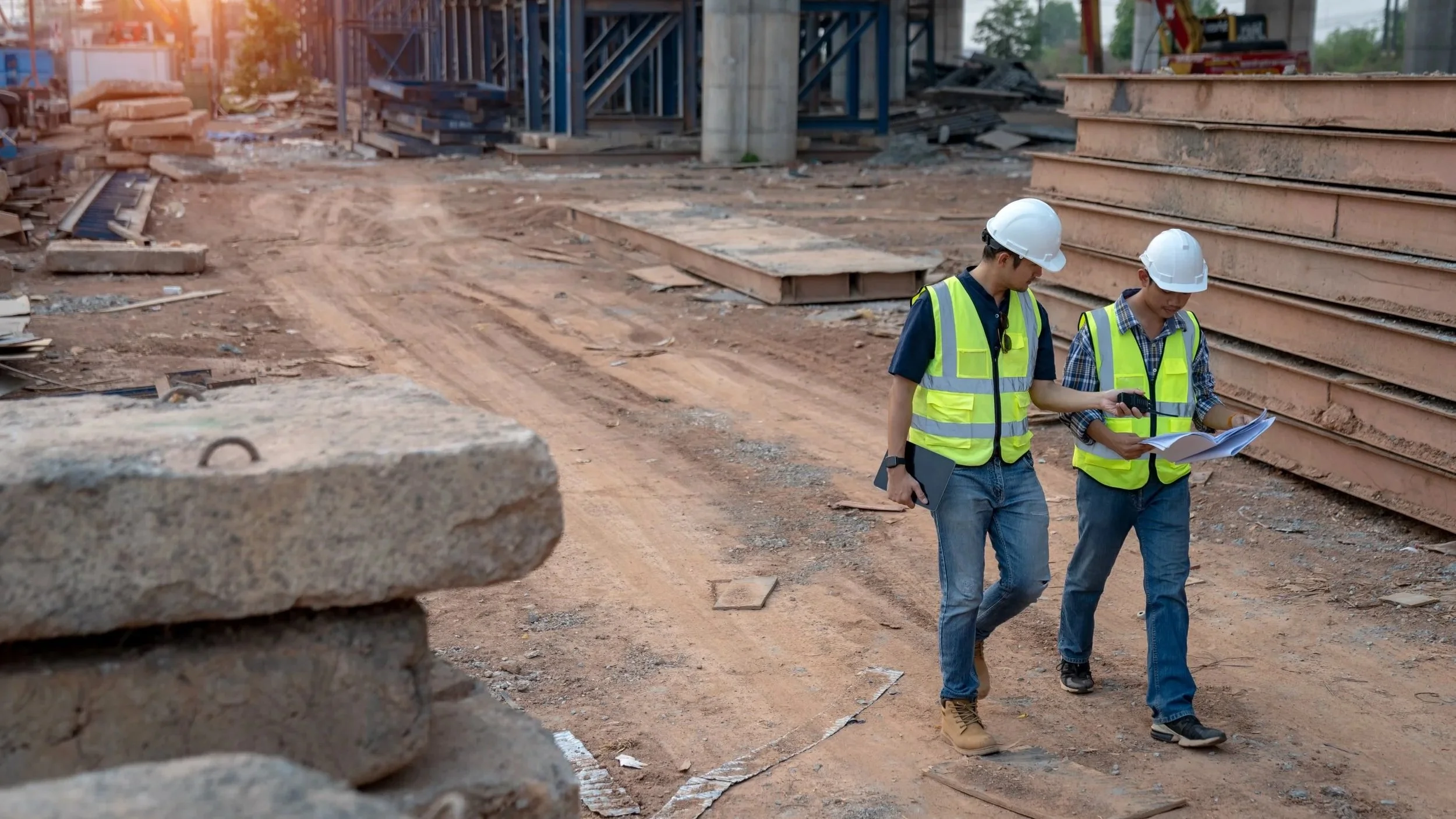 Two construction workers in safety vests and hard hats walking through a construction site, examining blueprints and a device.