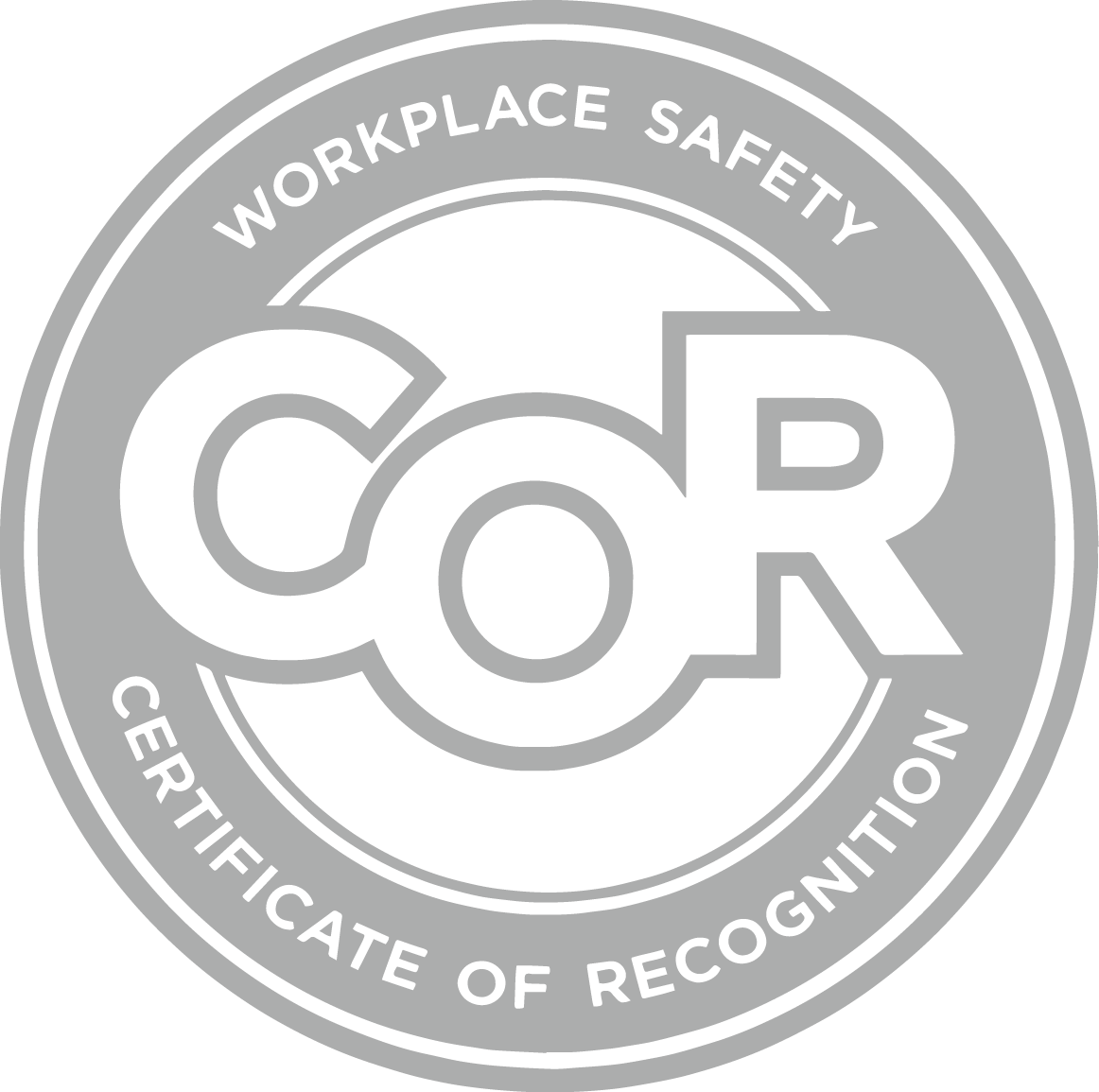 A grayscale logo with the text 'WORKPLACE SAFETY' at the top and 'CERTIFICATE OF RECOGNITION' at the bottom. In the center, there are stylized letters 'COR' intertwined.