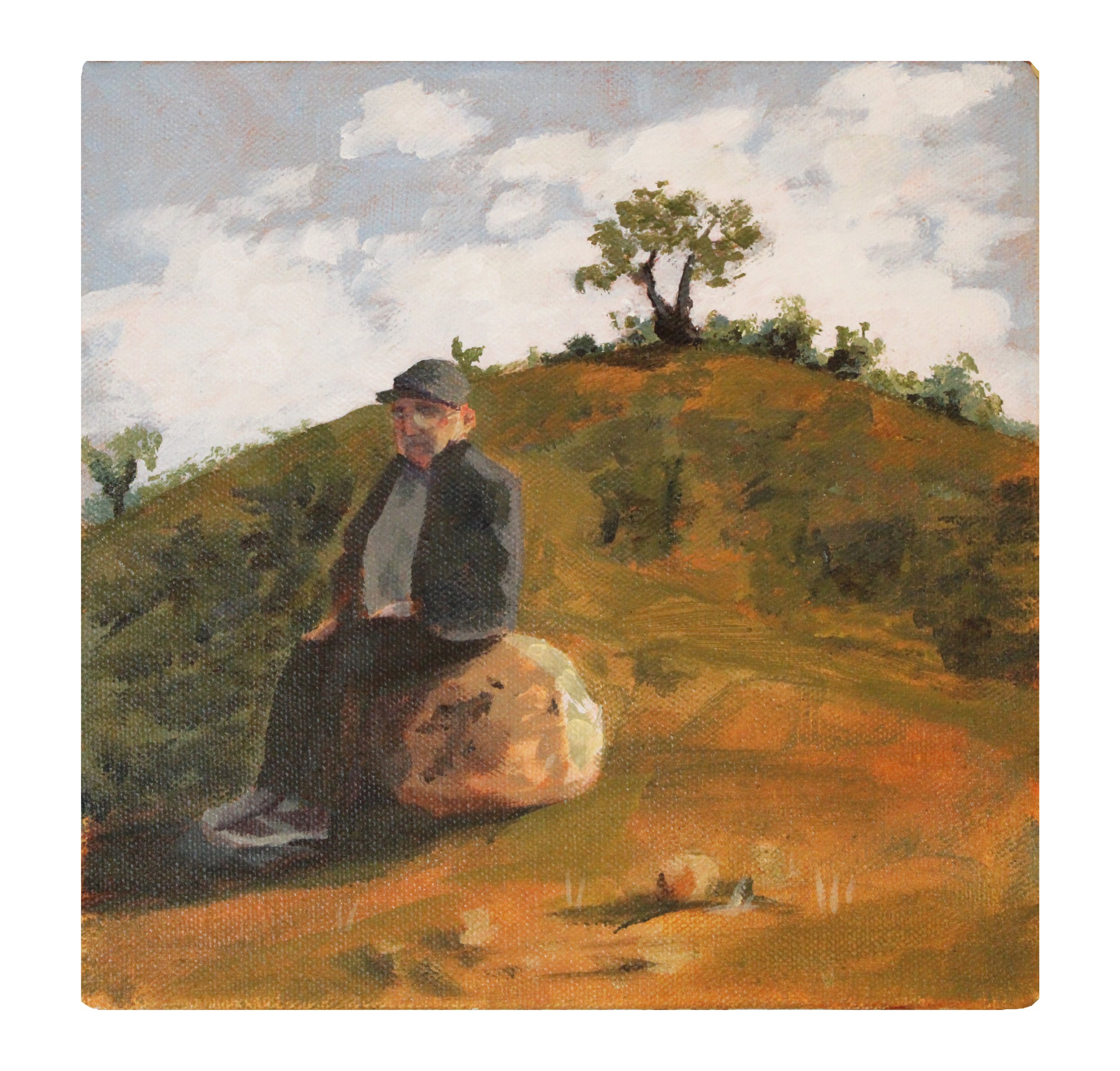 "Man on a Hill",
acrylic on canvas,
8"x8",
2023.