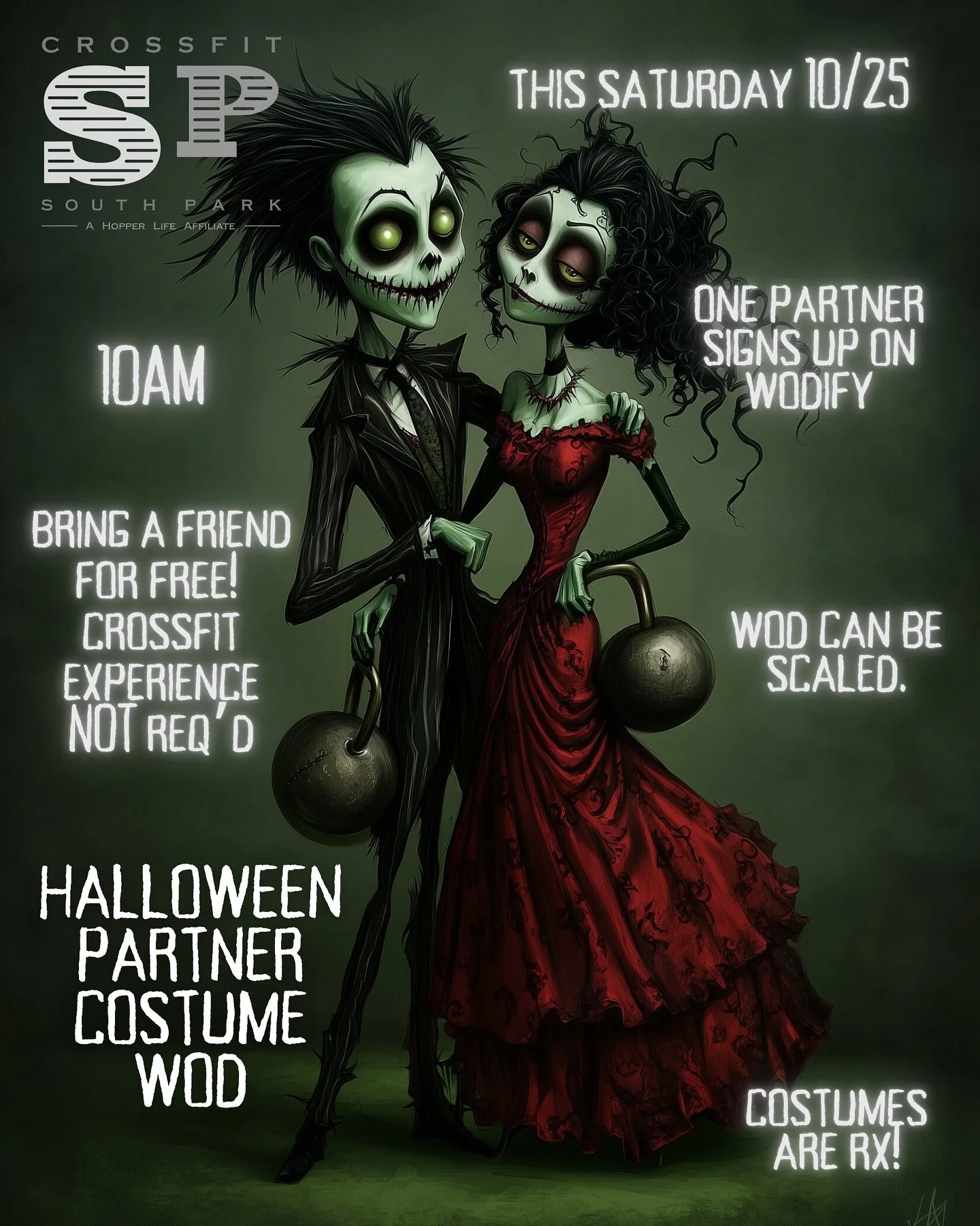 🎃 Halloween Partner Costume WOD! 👻
Join us Saturday, October 25 at 10 AM at CrossFit South Park for a spooky good time!

Grab your bestie (or summon a ghoul 😜)&mdash;only one partner needs to sign up on Wodify. Your friend joins for free, and no C
