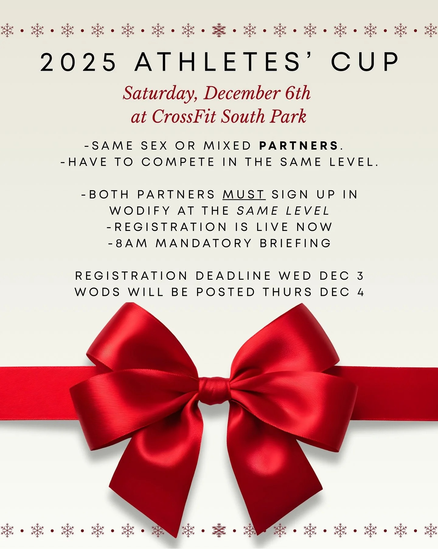 Signups for our in-house Partner Holiday Athletes&rsquo; cup are now live in Wodify. Deadline to register is Dec 3.

Please see the GUIDE below to determine which level you &amp; your partner should compete in.

*Level 1: 
Knowledge and safe executio