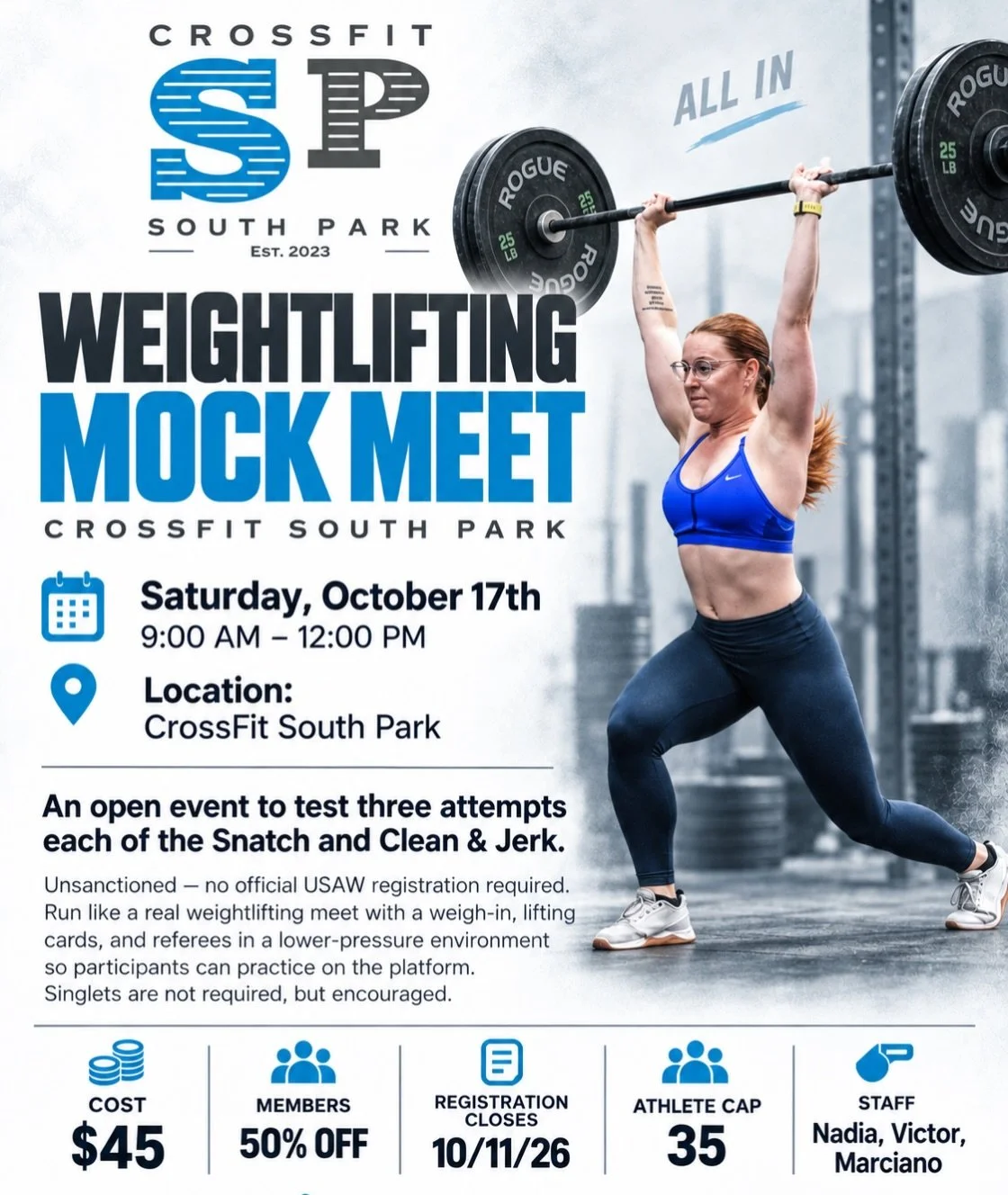 Ever wonder what it feels like to step onto the platform at an Olympic lifting meet?

Our Weightlifting Mock Meet gives you the adrenaline, focus, judges, an encouraging crowd &mdash; the feeling of a real competition &mdash; all inside the supportiv