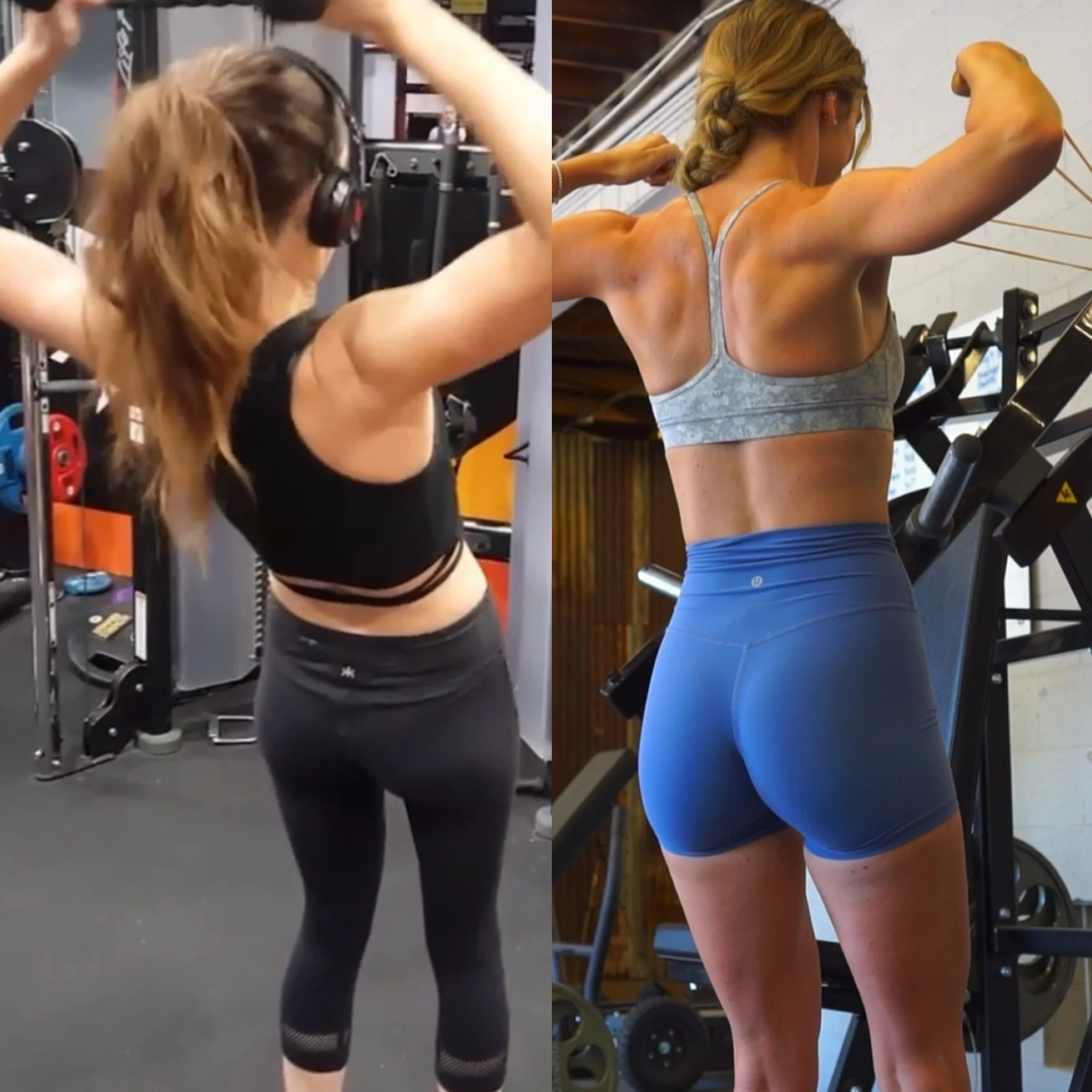 Two women working out in a gym, one wearing black workout clothes with headphones, the other wearing a gray sports bra and blue leggings, both performing exercises with their backs to the camera.