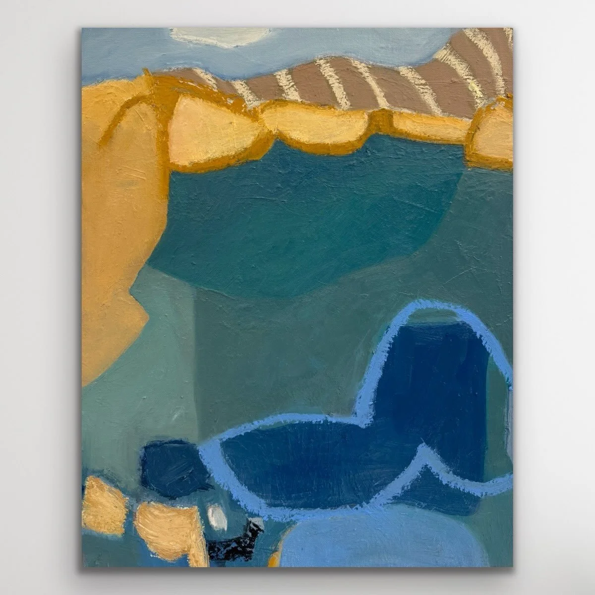Sandy Cove. 
Fresh paint on the studio wall and in - situ for scale. Oil on 24&rdquo;x18&rdquo; stretched gallery canvas for the modernist. 
.
.
#abstractlandscape #shape #colour #westcoast #modernism