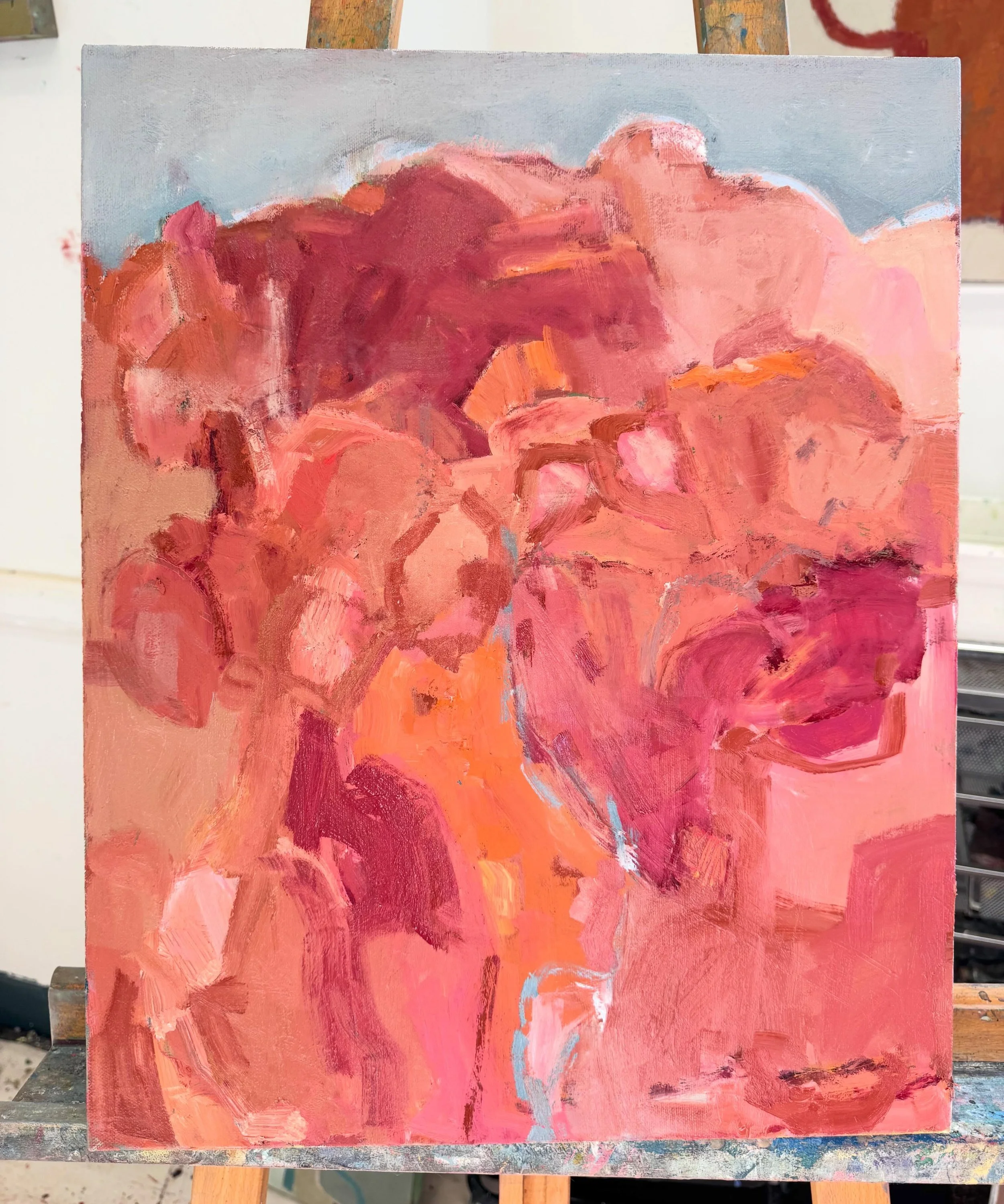 Studio View of a work in process - oil on 24&rdquo;x 18&rdquo; stretched gallery canvas. Finding my way in an uncharacteristically warm palette ❤️🧡
.
#wip #abstractlandscape #studioview