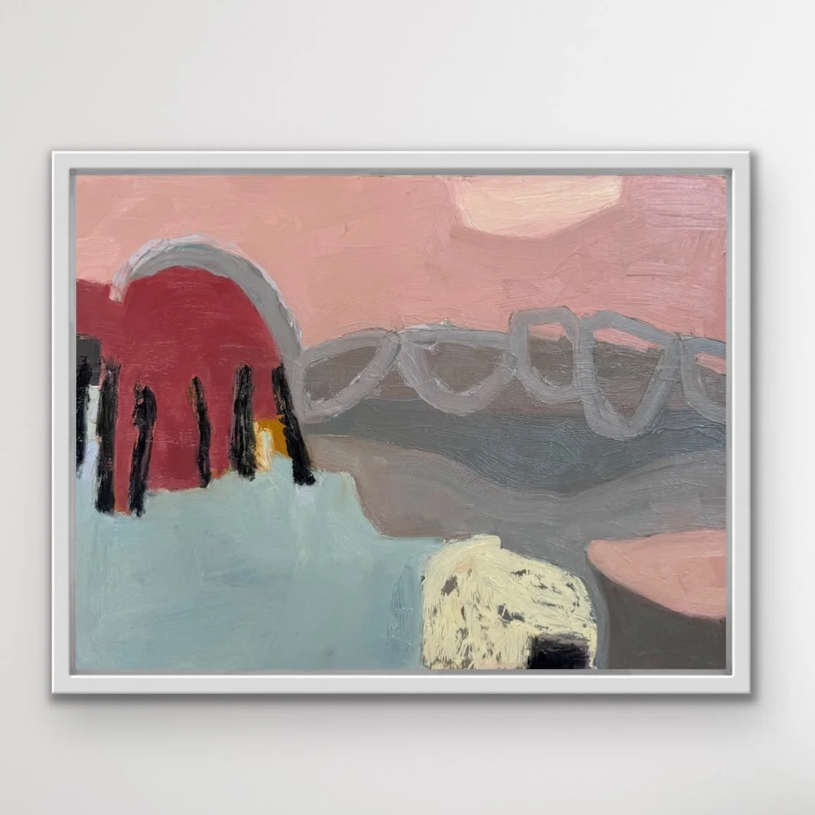The Quiet Hour 
 
New work framed in white. 
Oil on 12&rdquo; x16&rdquo; canvas.
.
Abstract landscape, cool palette, Canadian artist