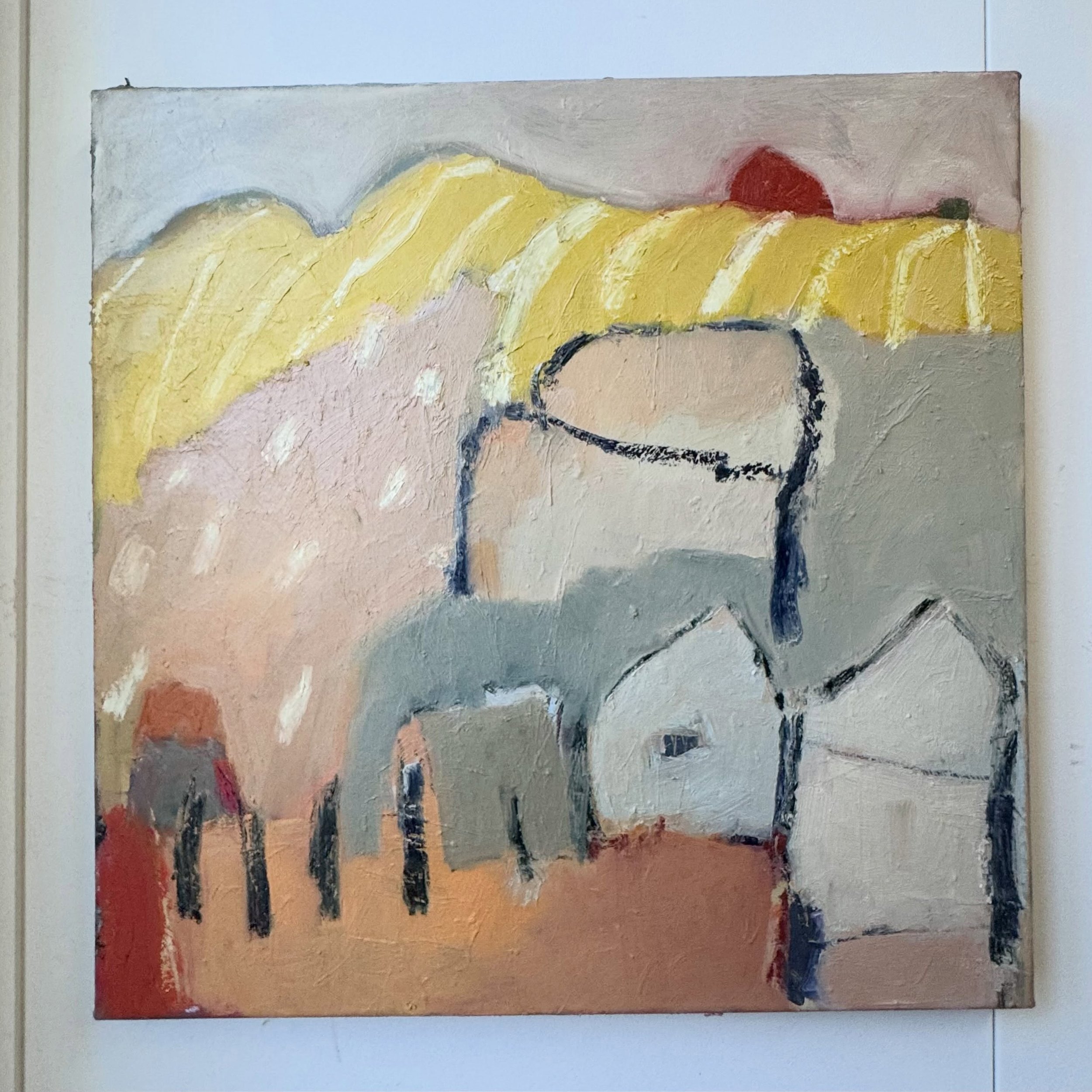 Farm Shacks. 

Wet paint on the studio wall on a sunny  Monday.  Oil on 18&rdquo; x 18&rdquo; stretched canvas. 
I live in North Saanich, a lovely part of Greater Victoria where there are a lot of  farms. I don&rsquo;t live on a farm and I didn&rsquo