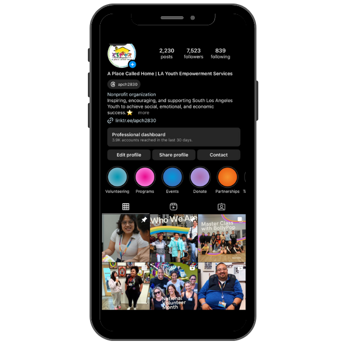e.g. A Place Called Home (Nonprofit Organization) Instagram (7.5k+ followers)