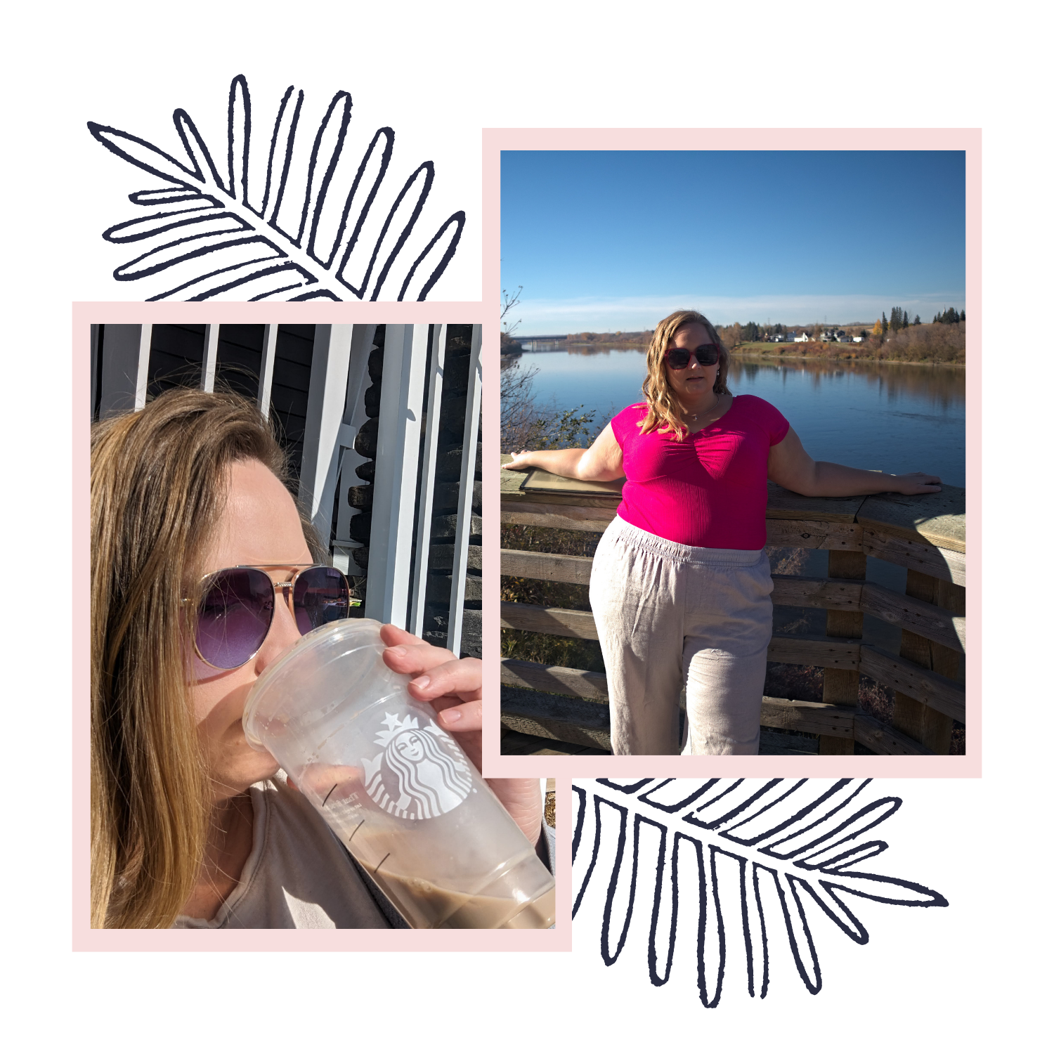 Christina, a follow-through coach, drinking coffee and standing by a river.
