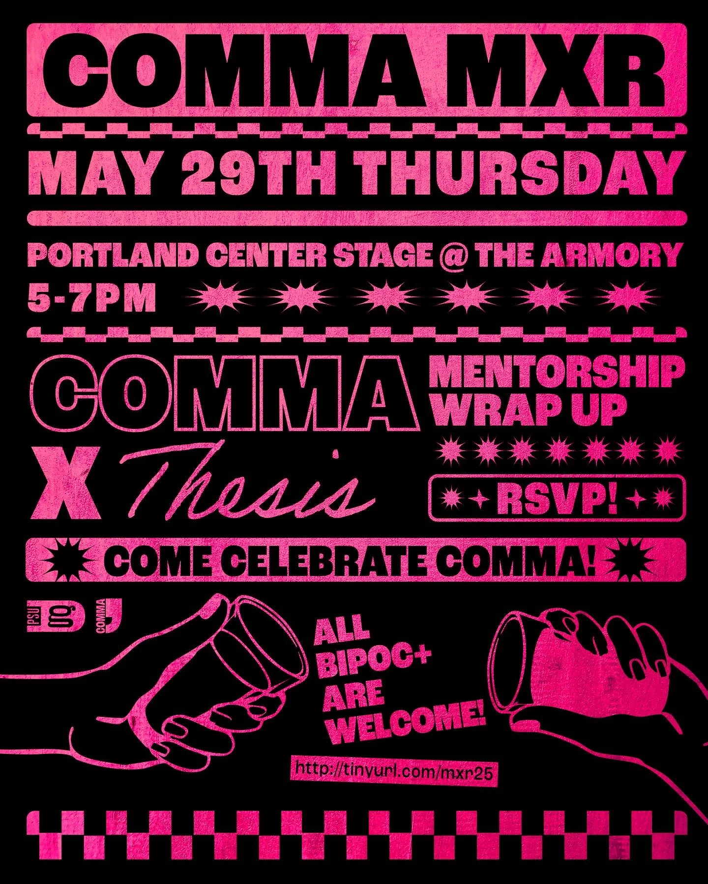 Hey COMMA fam! 👋🏽 
The annual COMMA MXR is almost here and we want you there! We’re also closing out the COMMA X Thesis mentorship with a night full of good energy, creative work, and community love at The Armory.
Come celebrate everything