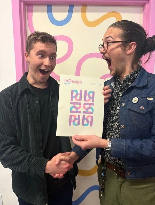 Shoutout to TJ and Tim! 

TJ was awarded an Indesign Expert Award by Tim here in Rodeo! 
(A feat truly worth celebrating.)

And a big round of applause for Tim, who designed and bestowed this beautiful Riso-printed award!

We should be celebrating an