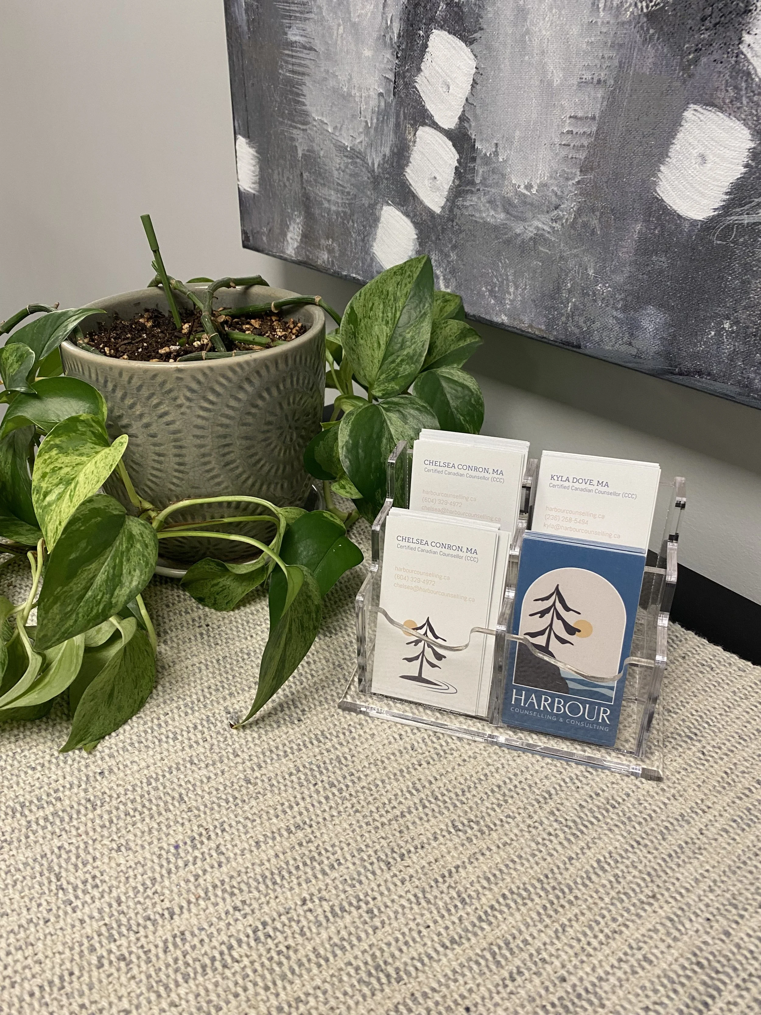 A photo of our business cards and a plant on the reception table of our maple ridge counselling office.