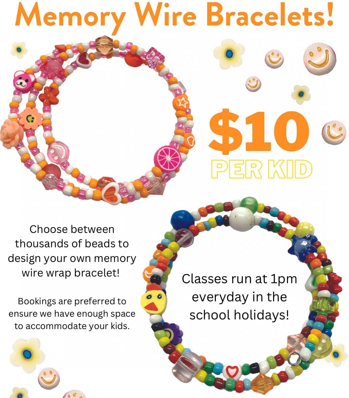 Come along to our special classes these school holidays to create your own memory wire bracelet! 🥳

Choose between thousands of different beads to design and thread your own triple wrap bracelet, guaranteed to be lots of fun!

Perfect for school age