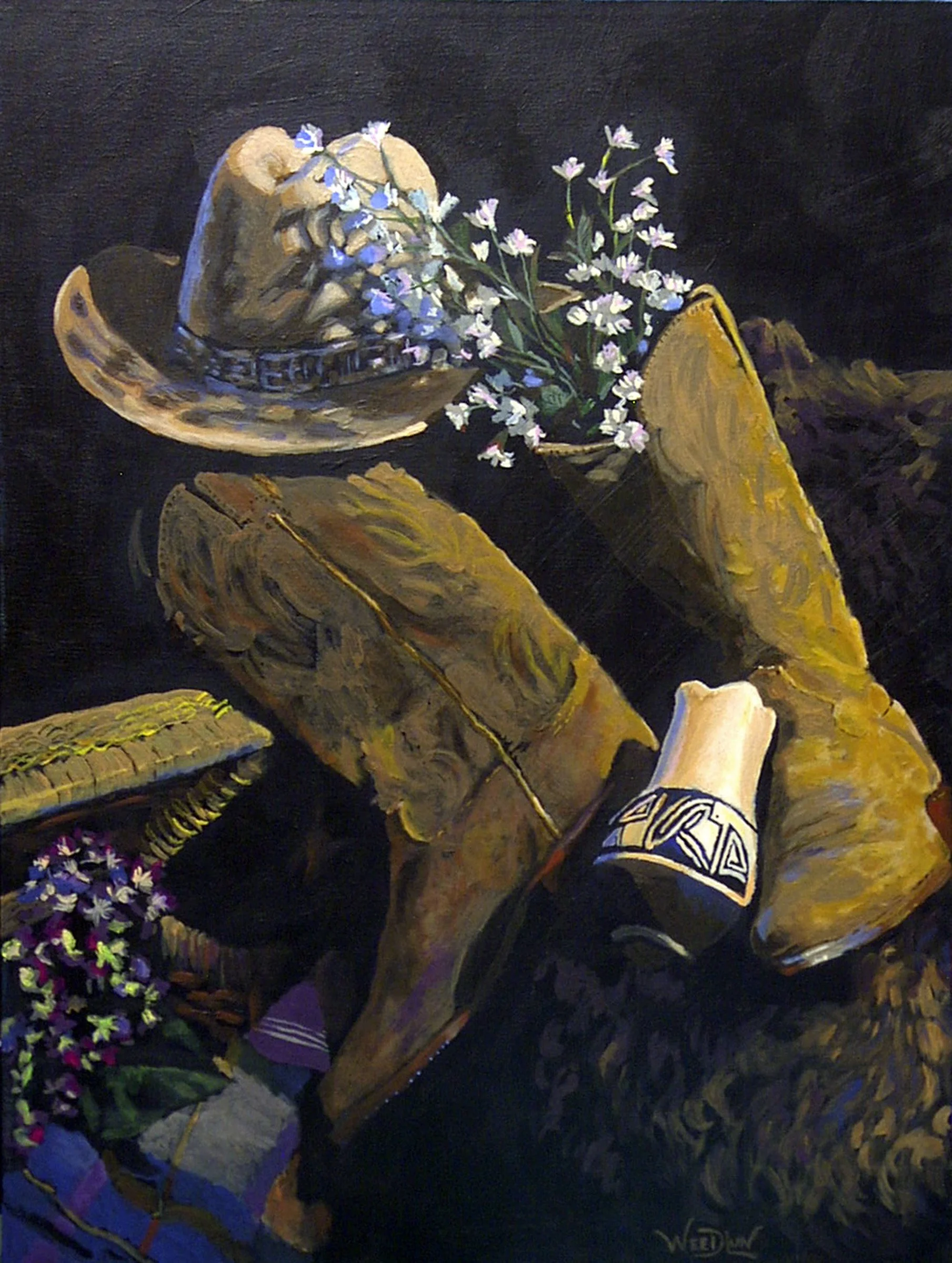 Available, western suede boots, cowboy hat, flowers, Indian vase, basket, still life oil painting, 18x24 in., Tim Weedlun, San Diego