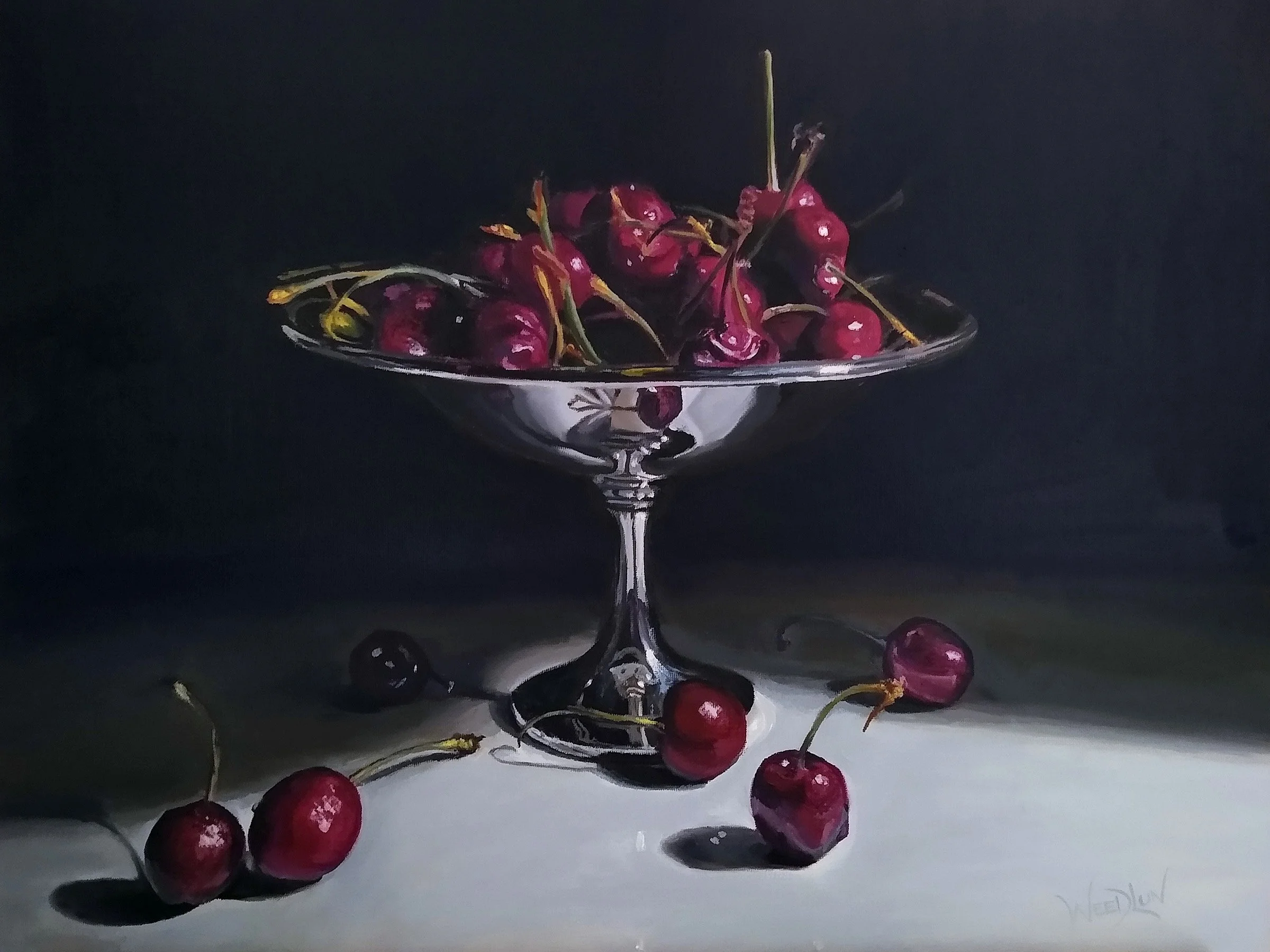 Available, silver pedestal bowl of cherries, still life oil painting, 18x24 in., Tim Weedlun, San Diego