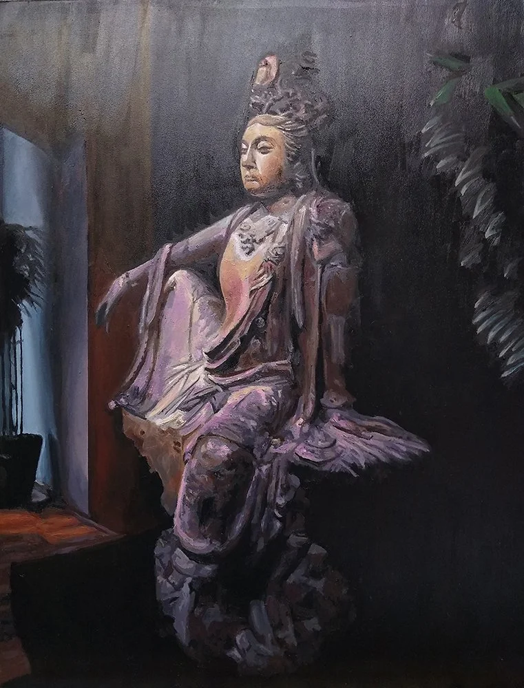 Available, Chinese guanyin statue, oil painting, 18x24 in., Tim Weedlun, San Diego