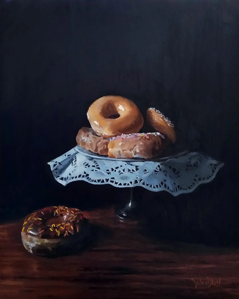 Available, donuts on pedestal with doily, still life oil painting, 16x20 in., Tim Weedlun, San Diego