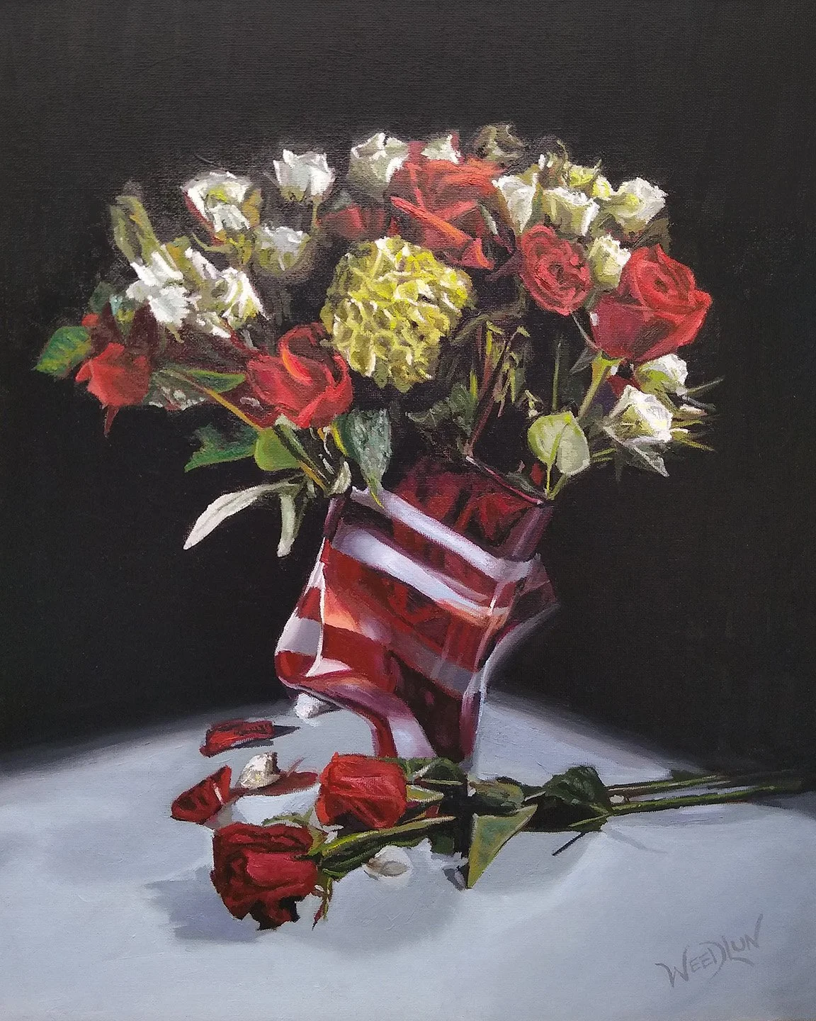 Available, red&white striped glass vase with red&white roses, still life oil painting, 16x20 in., Tim Weedlun, San Diego