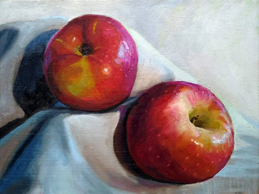 Available, two red apples on white cloth, realistic still life oil painting, 9x12 in., Tim Weedlun, San Diego