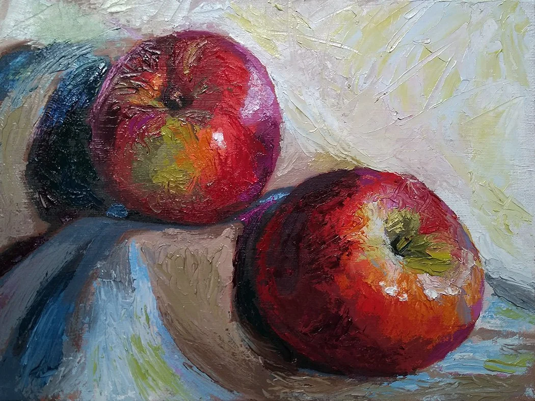 Available, two red apples, white cloth background, textured palette knife still life oil painting, 9x12 in., Tim Weedlun, San Diego