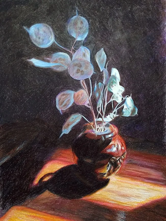 Available, wood bowl of white lunaria on table in sunlight, 9x12 in. colored pencil drawing, Tim Weedlun, San Diego