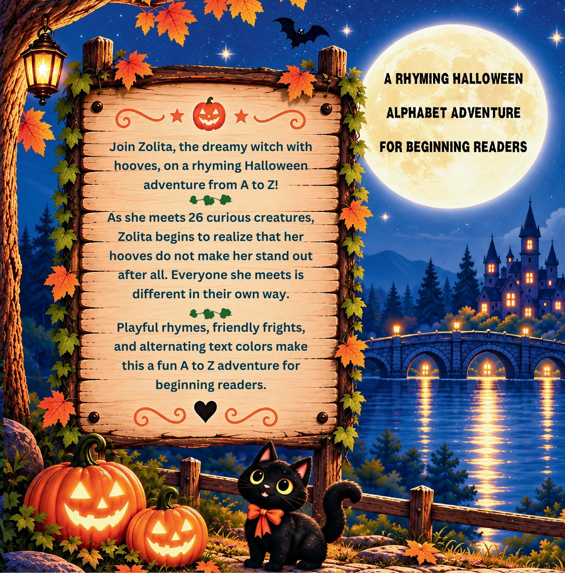 Back cover of Zolita, the Dreamy Witch With Hooves: Halloween Creatures from A-Z, featuring the book description, and details about the magical alphabetic Halloween adventure.