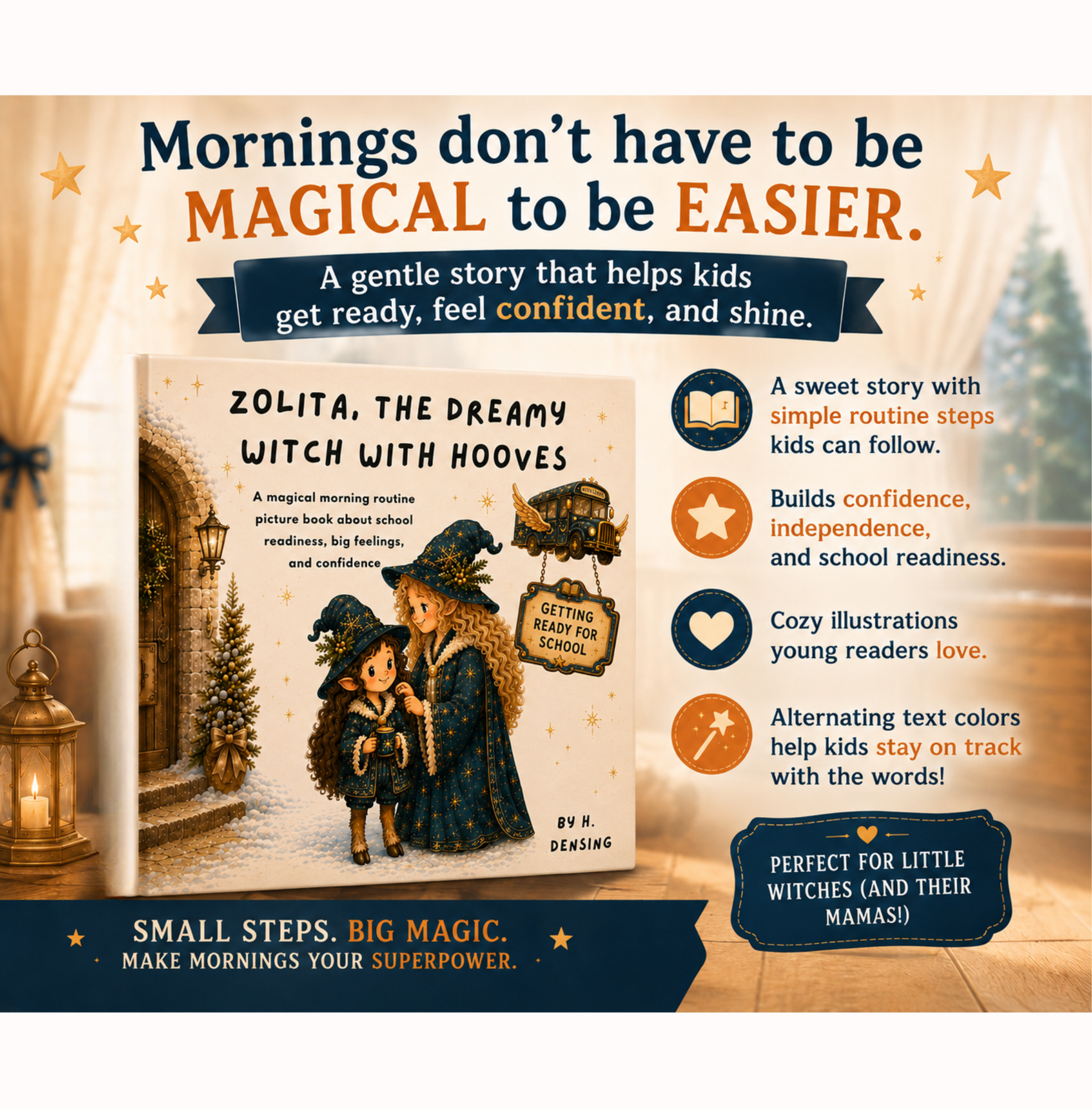 Little witch with hooves picture book series about imagination, mistakes, routines, and confidence