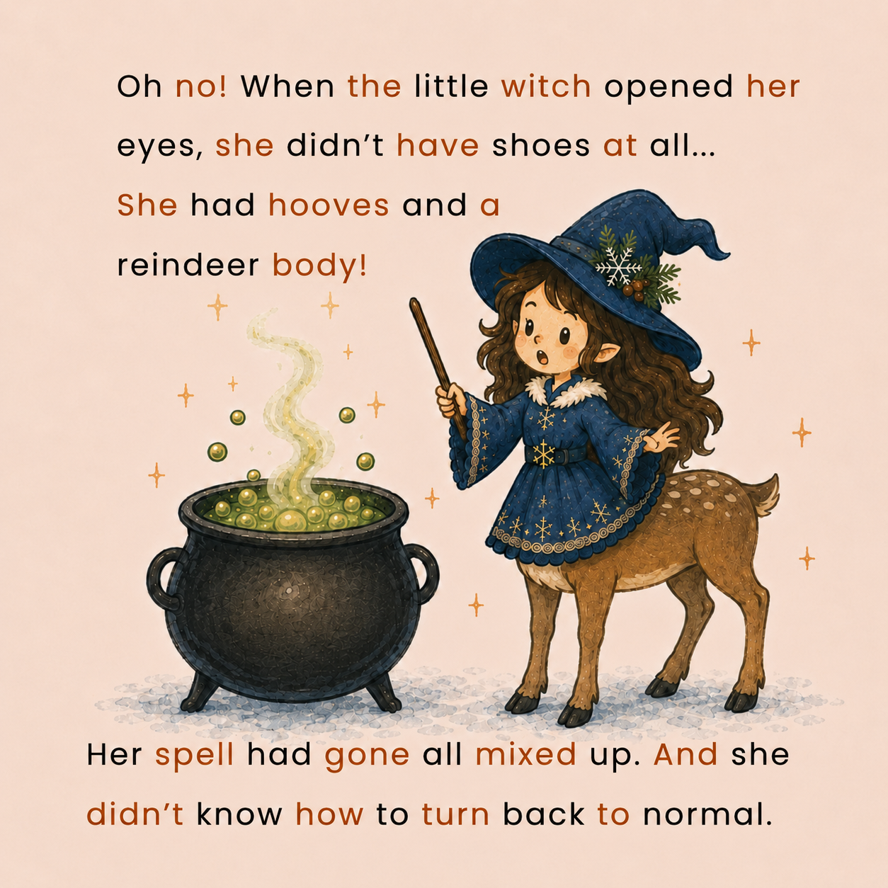 Children’s picture book illustration of Zolita, a little witch with hooves and a reindeer body after a mixed-up magic spell.